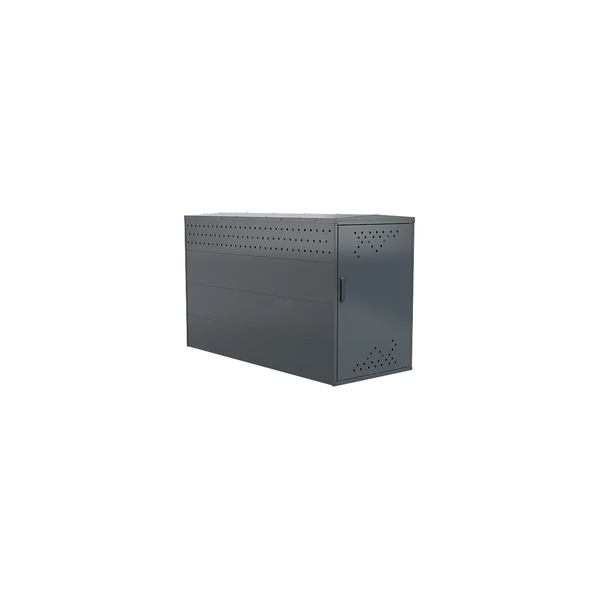 Dark gray metal cabinet with perforated ventilation holes, door and handle.