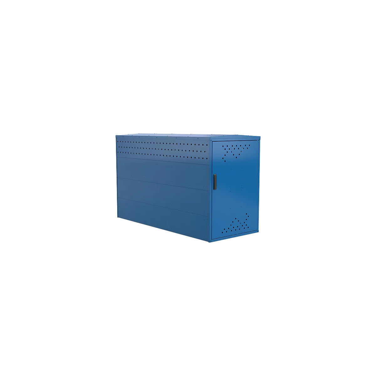 Blue rectangular metal cabinet with perforated top and door with handle.
