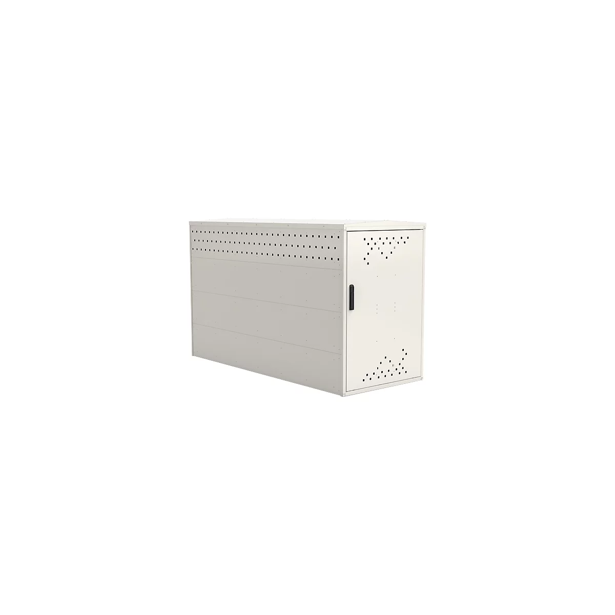 A cream-colored, rectangular cabinet. It has a door with a black handle and ventilation holes.