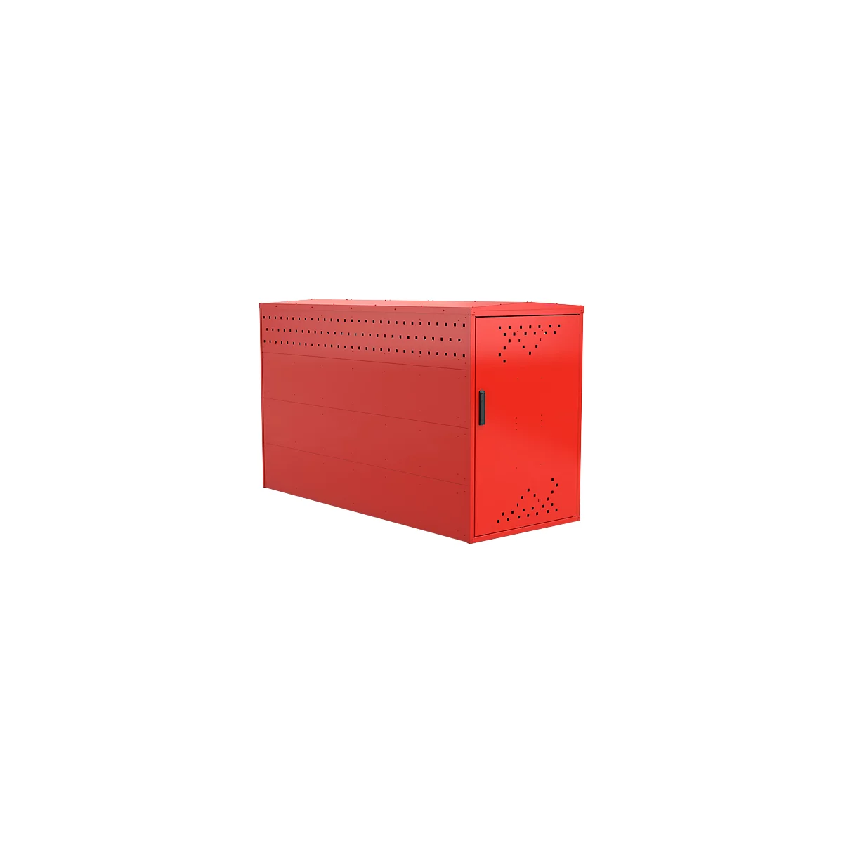 Red, rectangular cabinet, with openings for ventilation and a door with a handle.