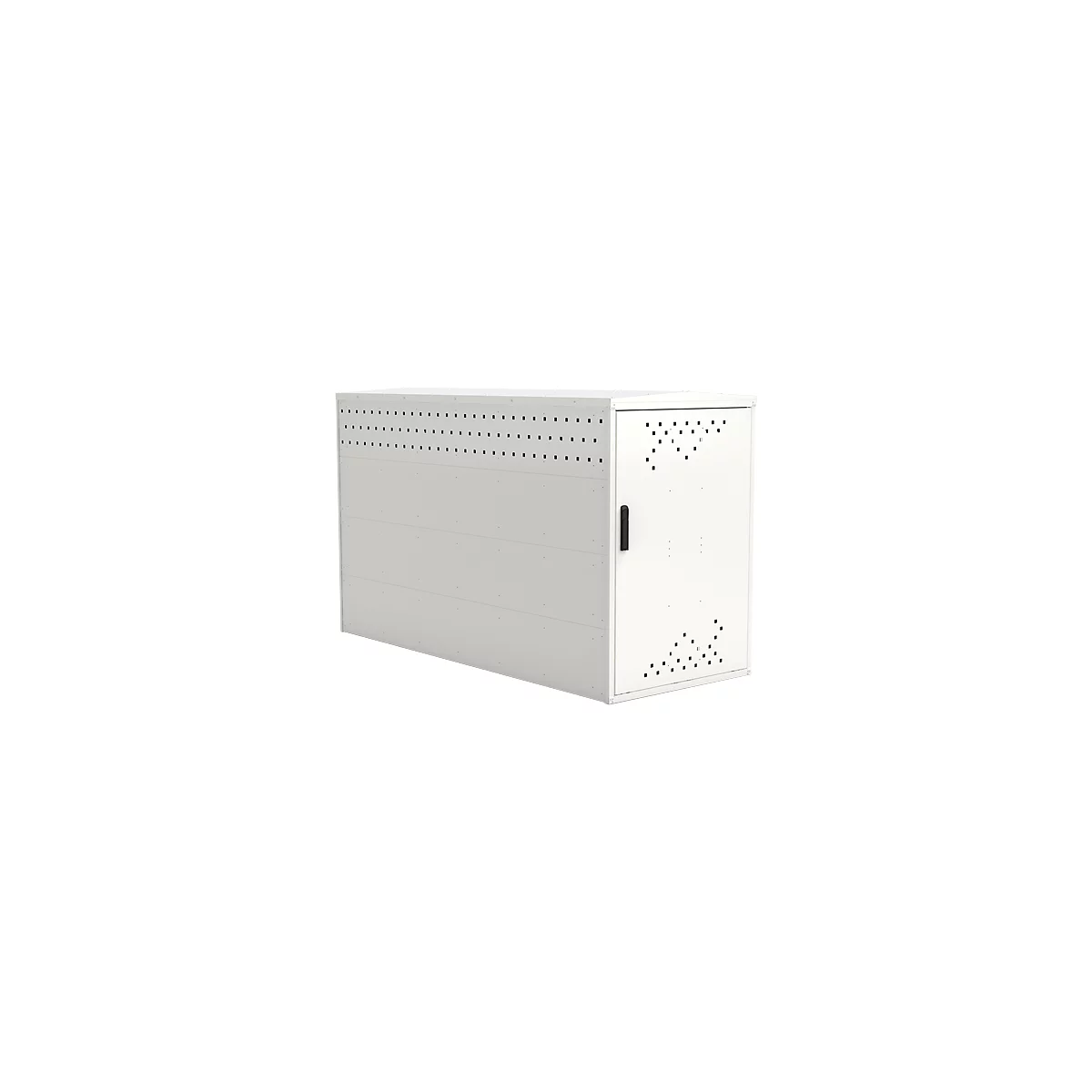 White metal cabinet with black handle and a hole pattern. A cabinet with a rectangular shape for outdoor use.