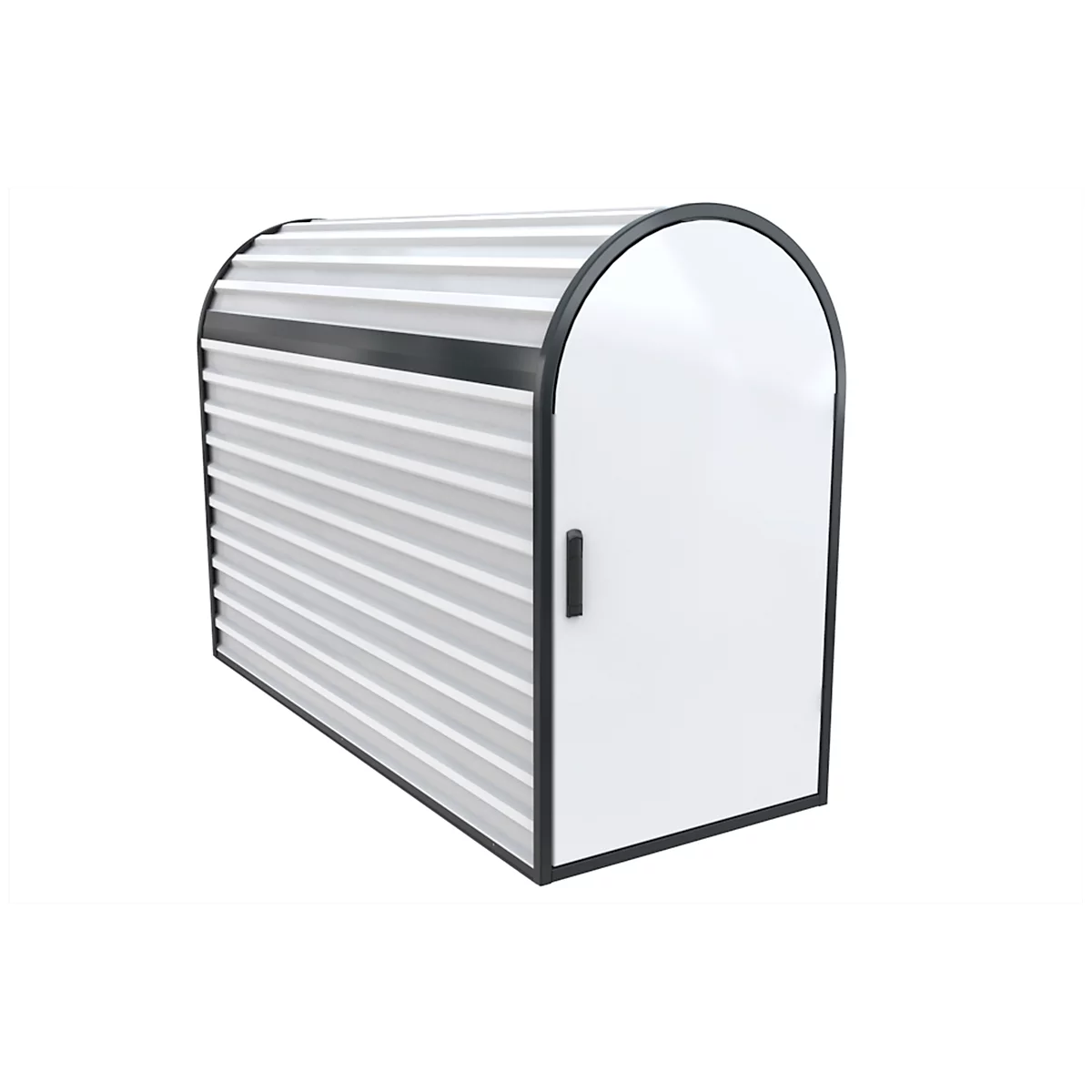 A metal garden box with an arched roof and white door. Black bordered, the box is corrugated gray.