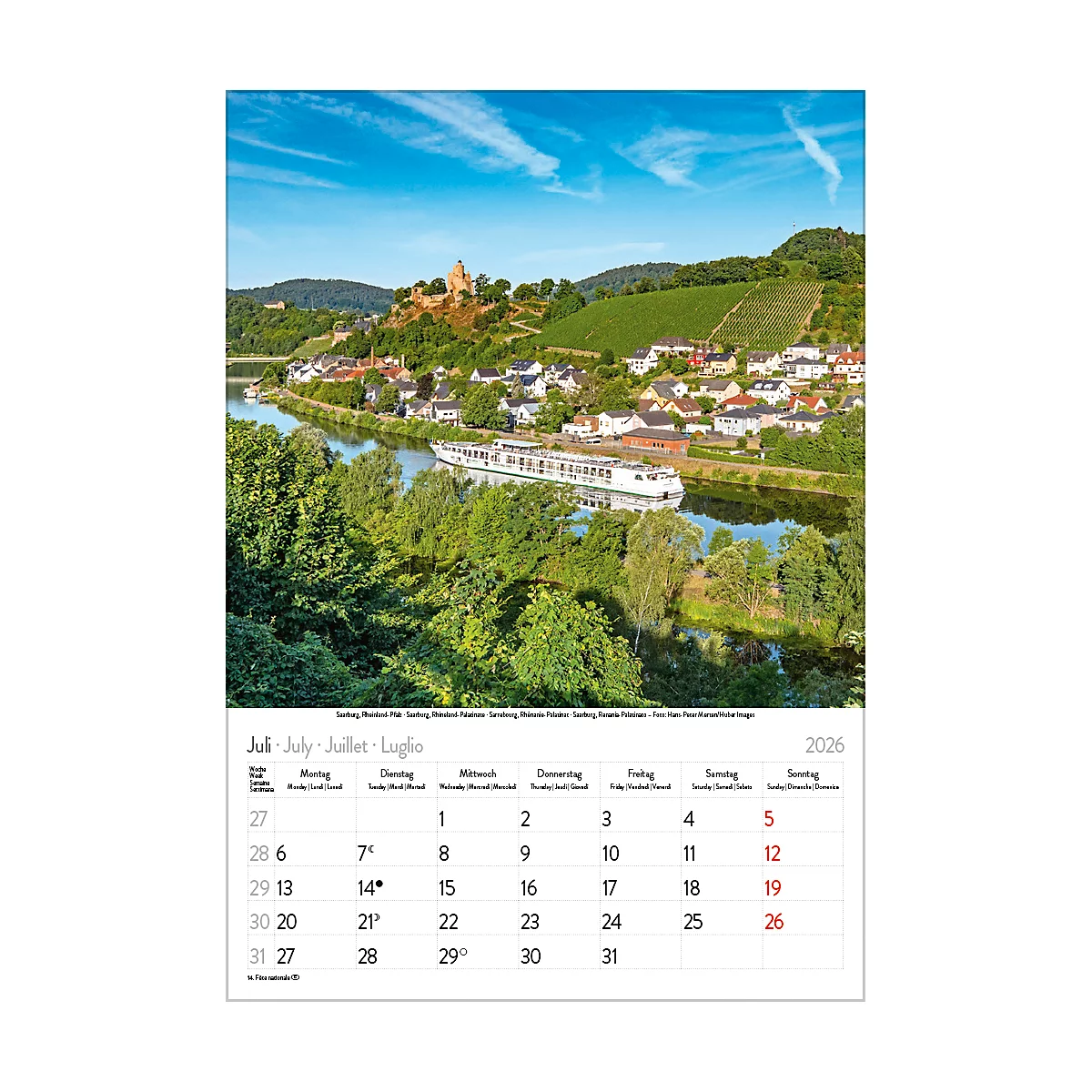 Kalenderblatt mit Flusslandschaft und Burg, Juli 2026.