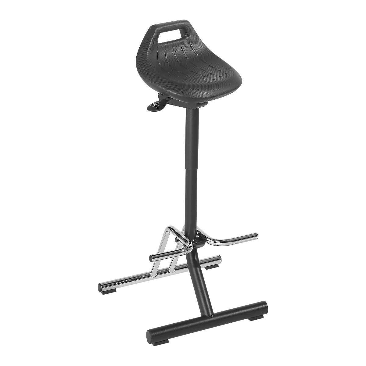 Black standing stool with ergonomic seat, height adjustable. The footrest and base are chrome.