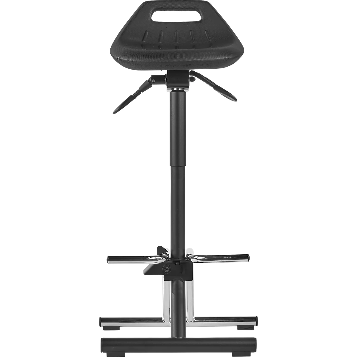 Black, height-adjustable work chair with footrest, photographed from the front.