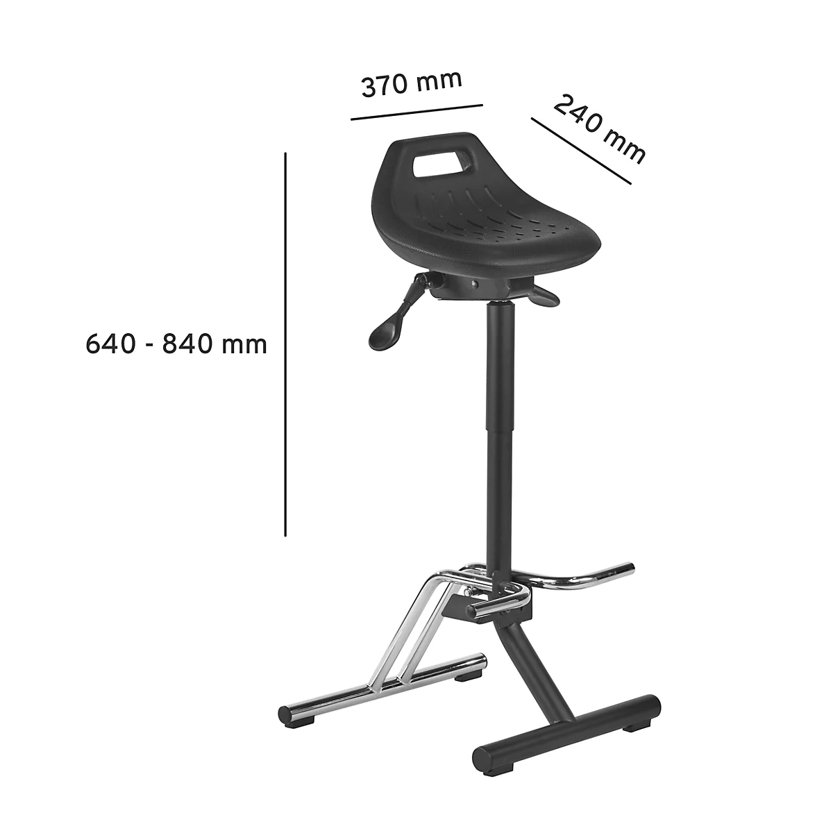 A black height-adjustable work chair, with dimensions.