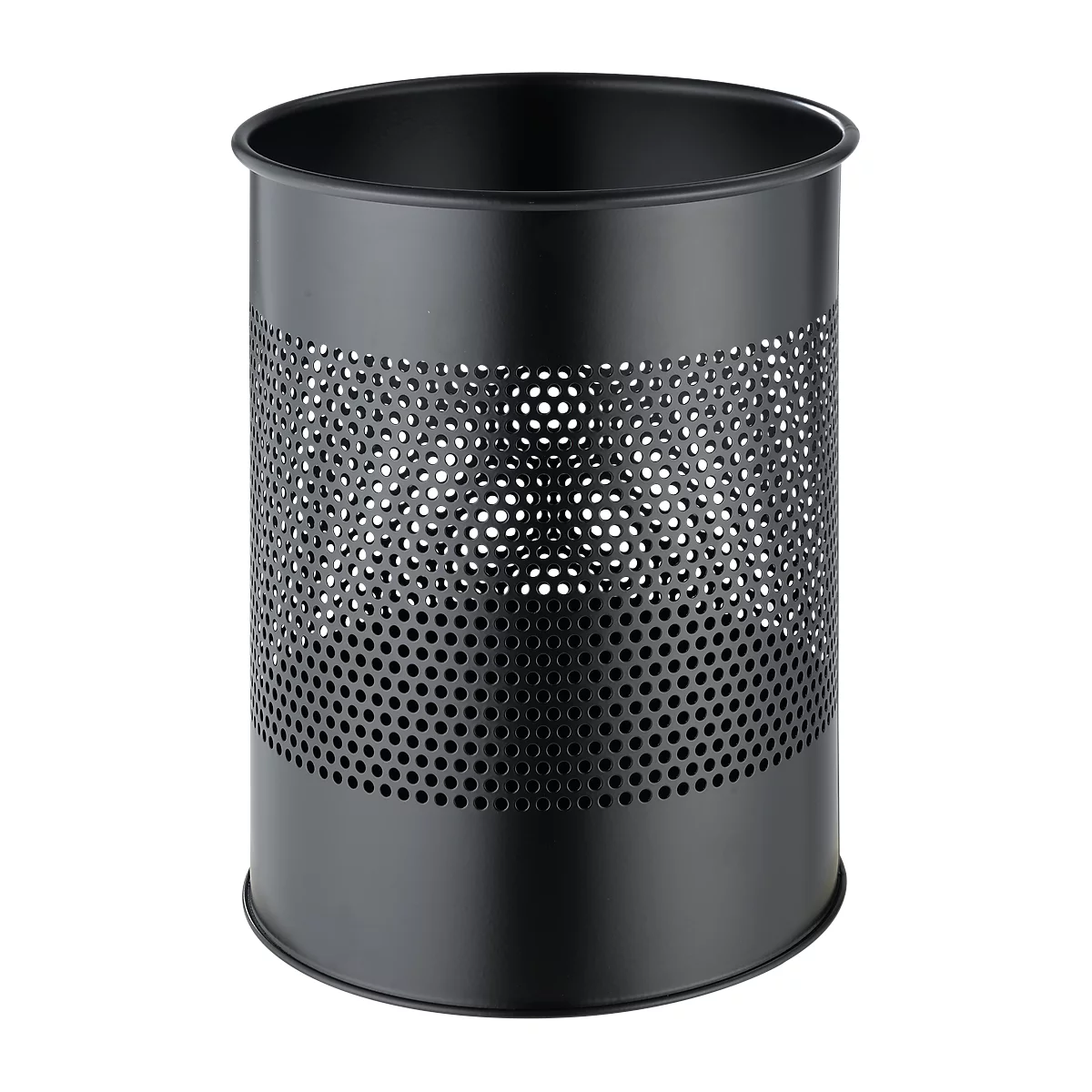Black, cylindrical waste bin with holes forming a pattern. The top rim and base are smooth.