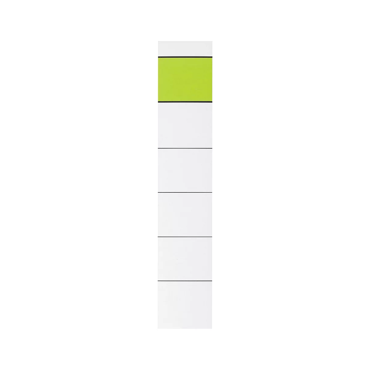 Vertically divided, white sheet of paper with green stripe at the top.