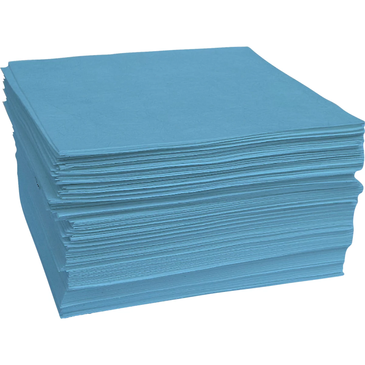 A stack of light blue paper napkins. The napkins are square and have slightly rounded corners.
