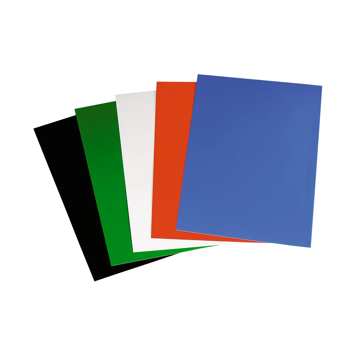 Various colored sheets, arranged in a fan. Black, green, white, orange, and blue.