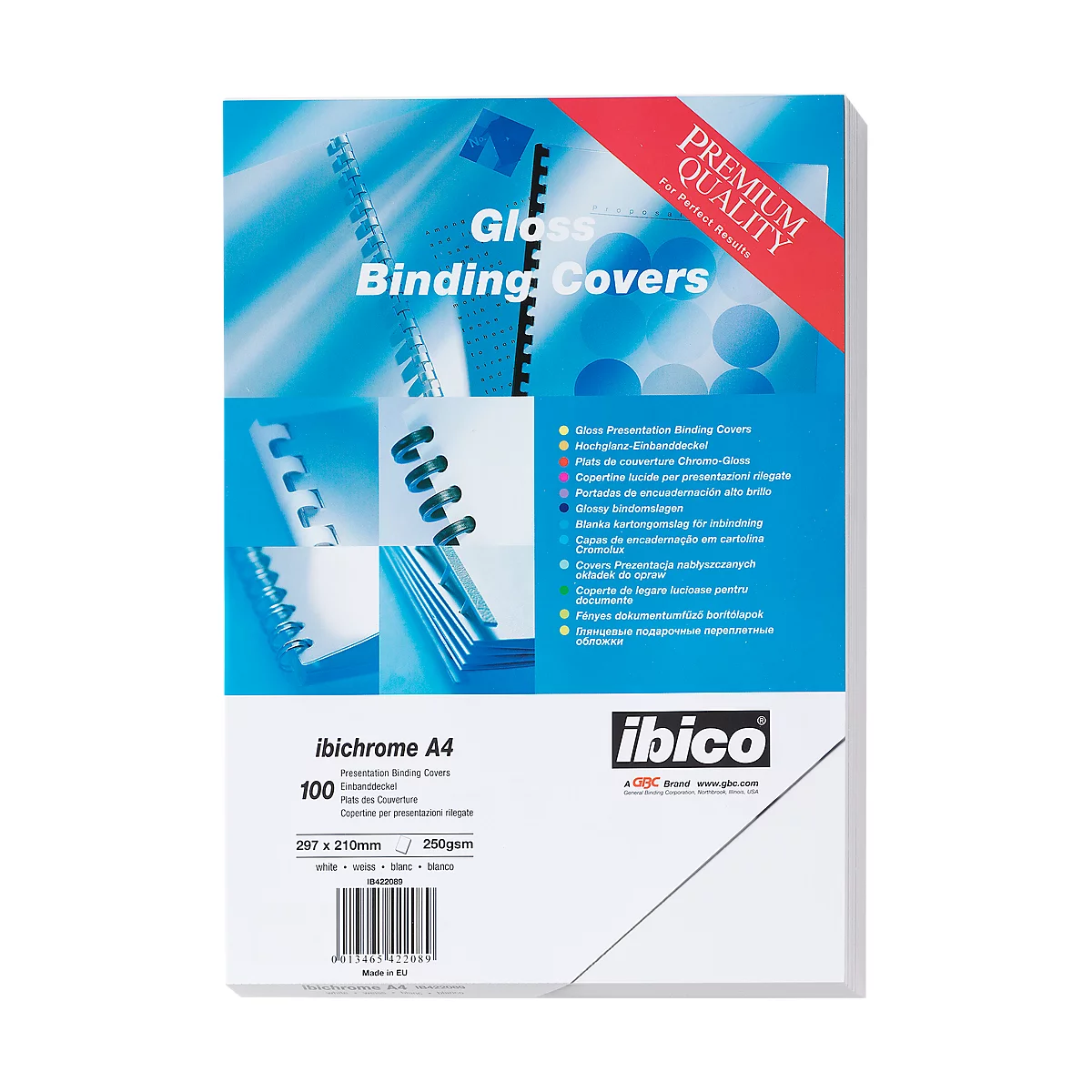 Package of Glass Binding Covers, blue and white design. Contains product information and logos.