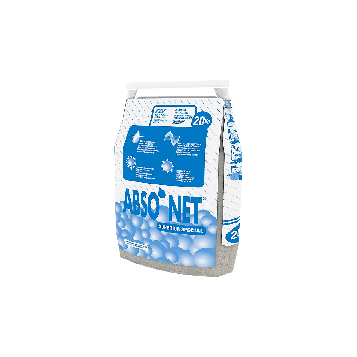 Grey bag with the imprint "ABSO-NET" and "Superior Special". Blue background with texts and product illustrations. A white handle at the top.