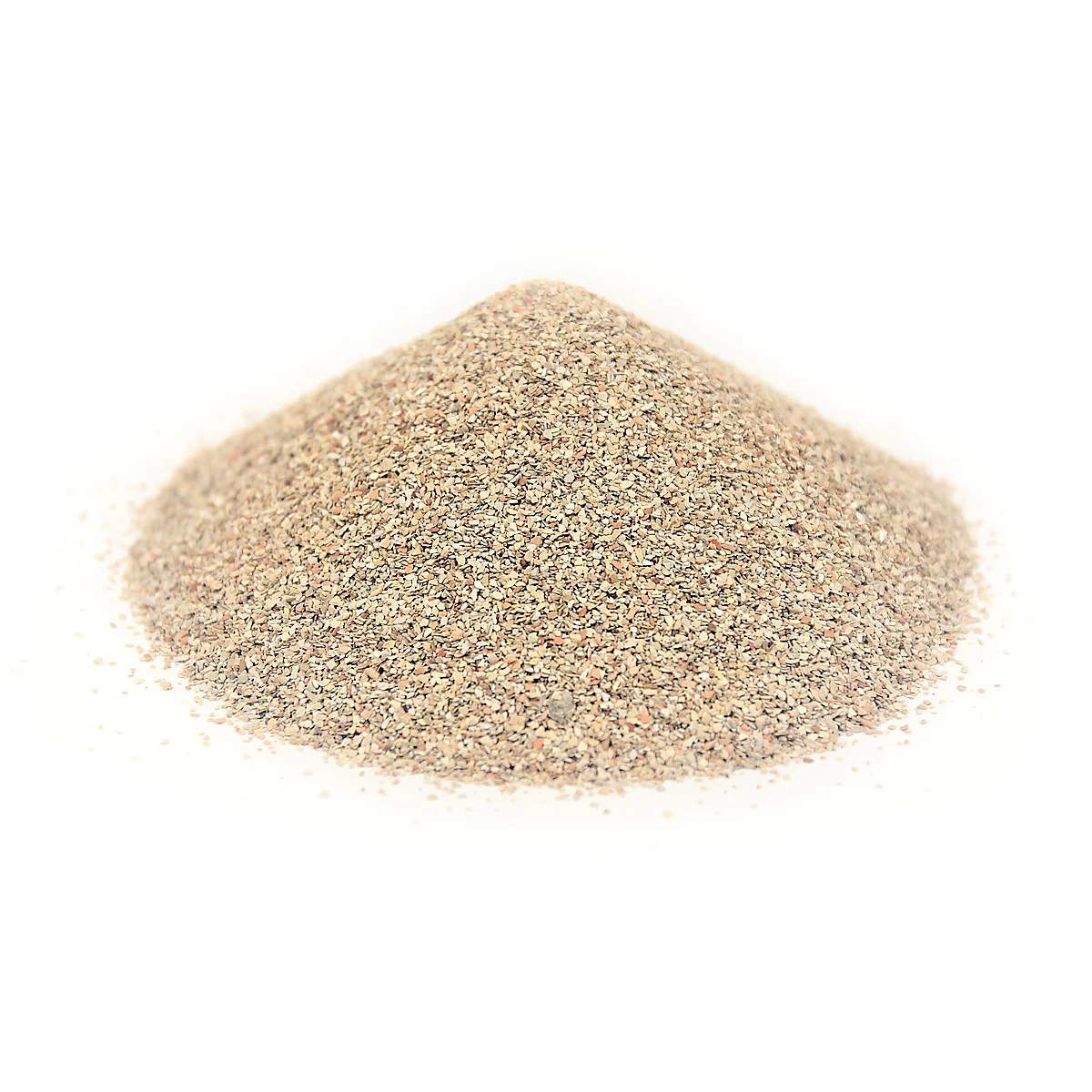 A pile of granular, beige material, possibly sand, against a white background.