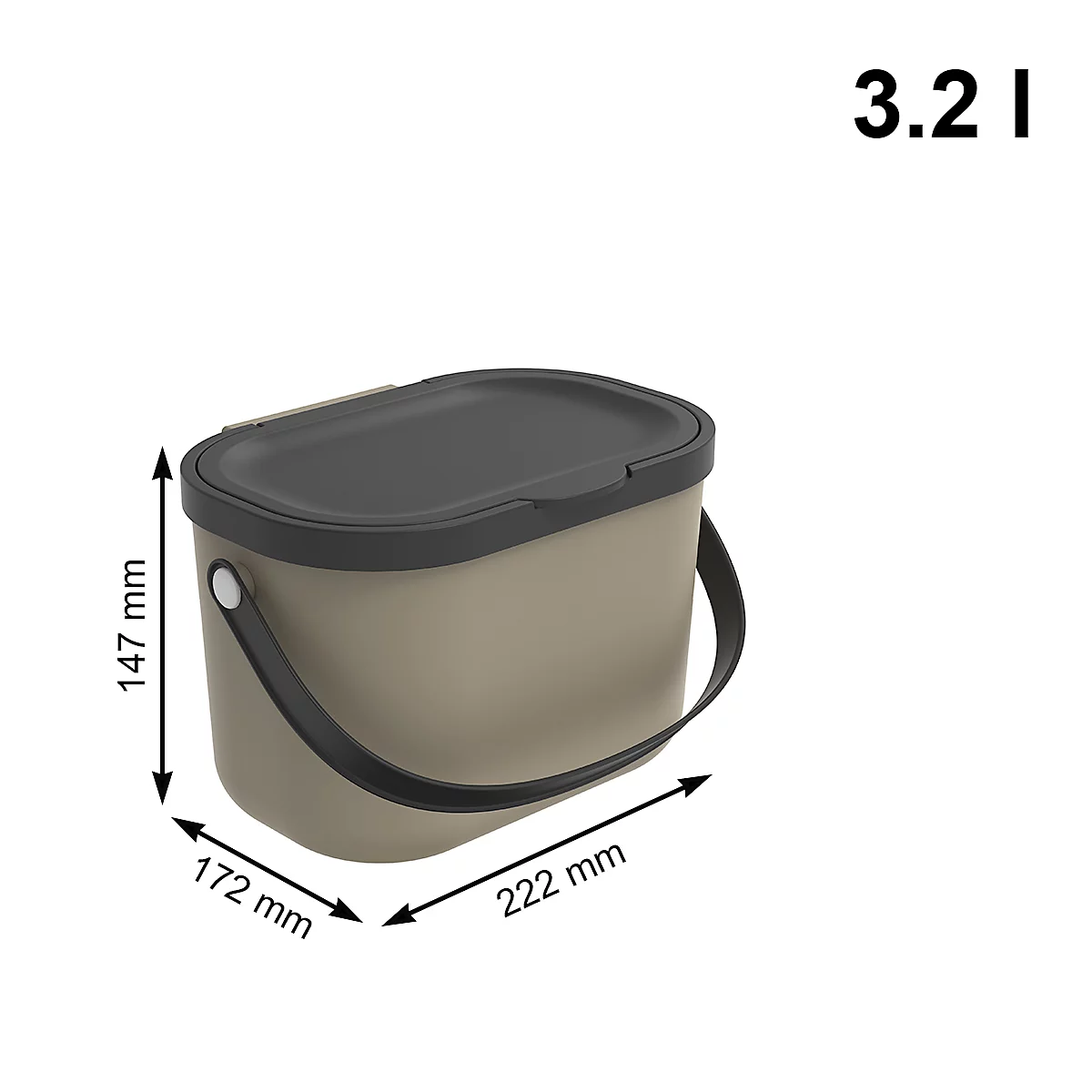 Bioabfalleimer ALBULA, 3,2 Liter Fassungsvermögen, Bügelgriff, recycleter Kunststoff, B 172 x T 222 x H 147 mm, braun