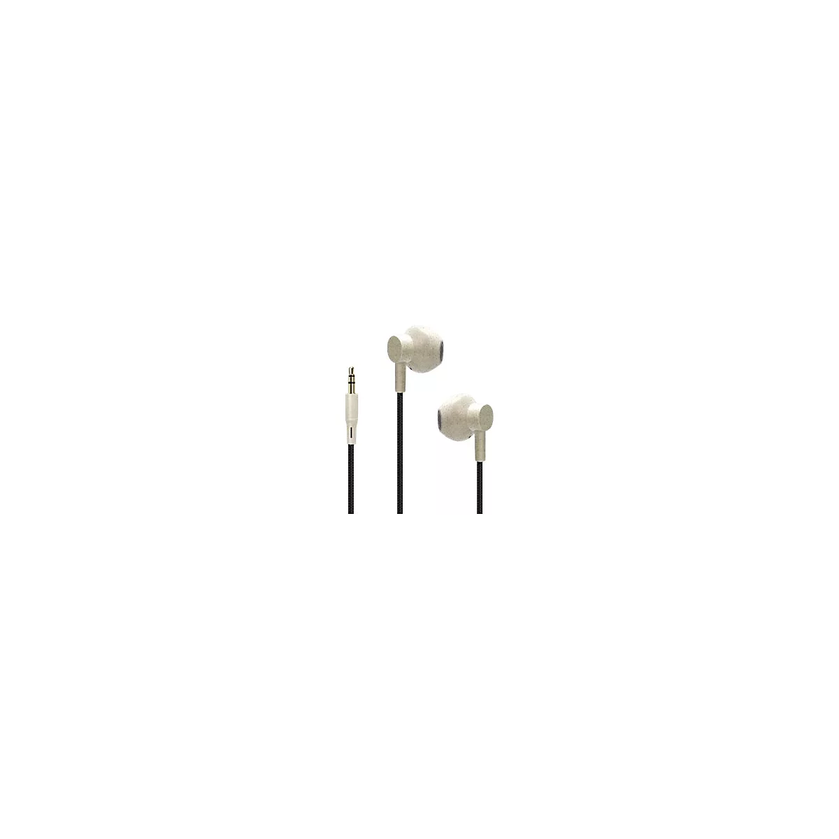 Beige In-Ear-Kopfhörer mit schwarzem Textilkabel und 3,5-mm-Klinkenstecker vor weißem Hintergrund.