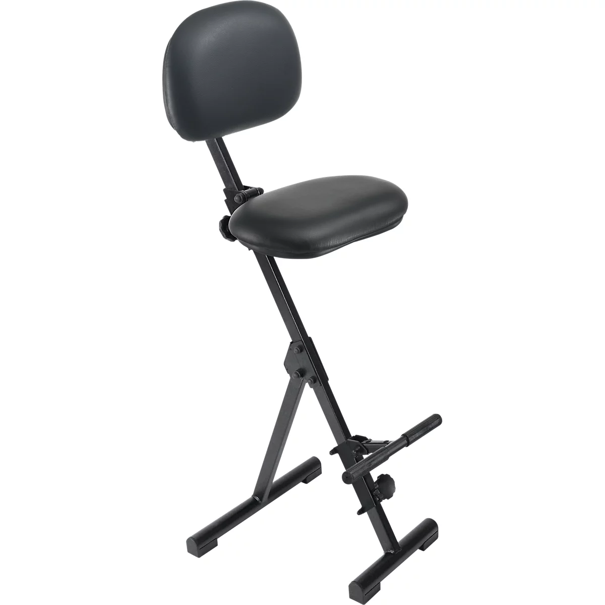 Taburete negro con respaldo y asiento regulable en altura sobre fondo blanco.