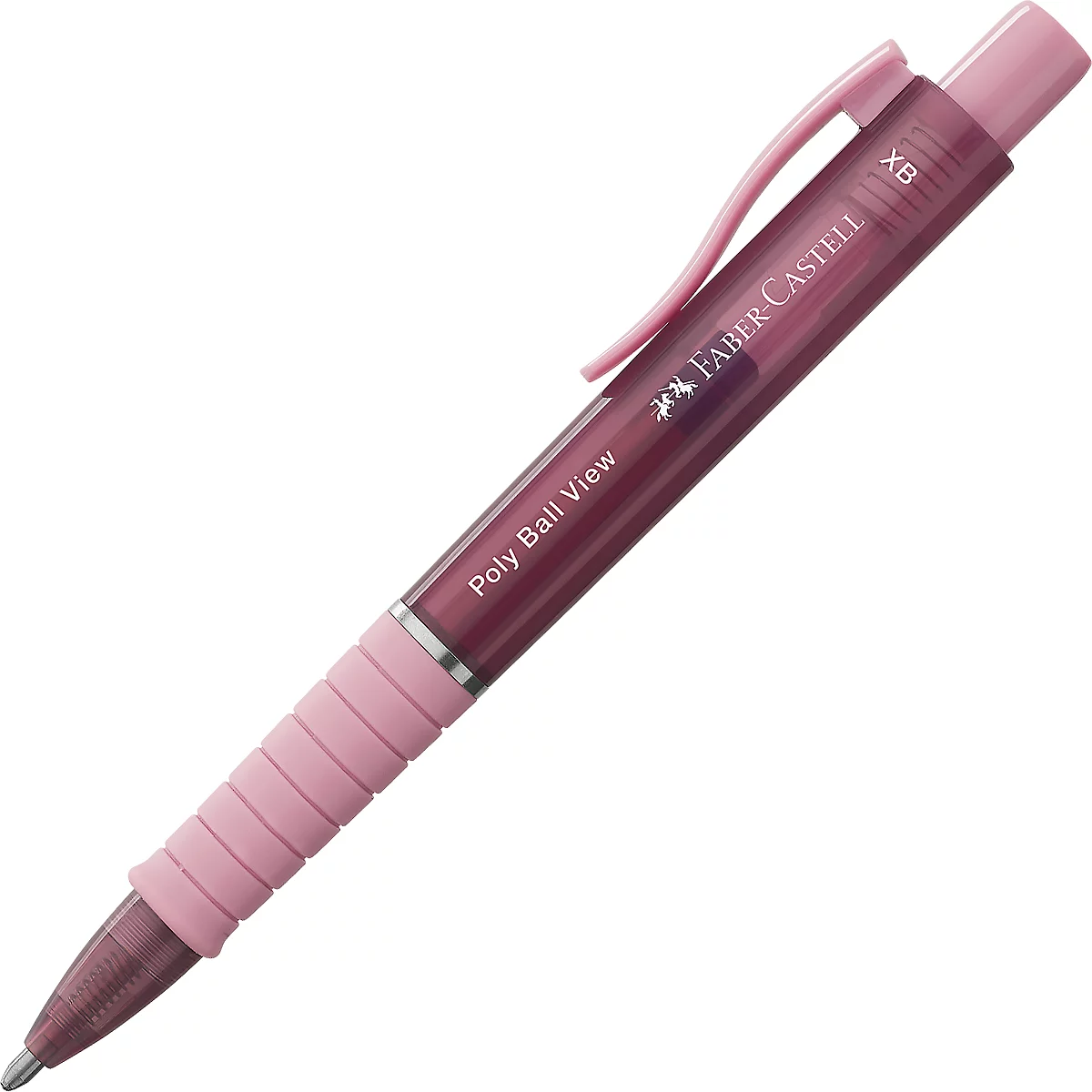 Biros Faber-Castell Poly Ball View, couleur d'écriture bleu, largeur de trait 0,6 mm, indélébile, recharge remplaçable, grip caoutchouc, rouge