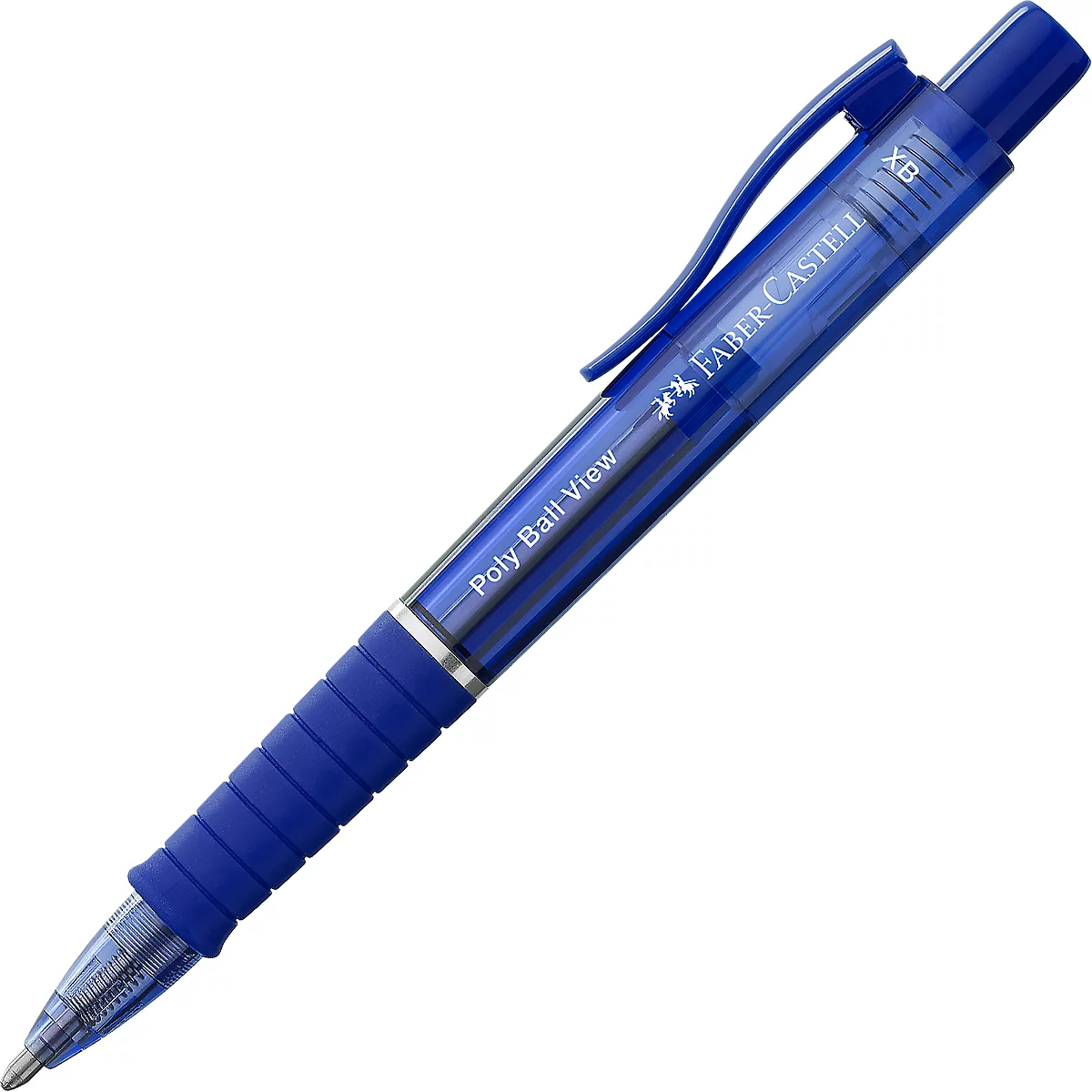 Biros Faber-Castell Poly Ball View, couleur d'écriture bleue, largeur de trait 0,6 mm, résistant aux documents, recharge remplaçable, grip caoutchouc, bleu