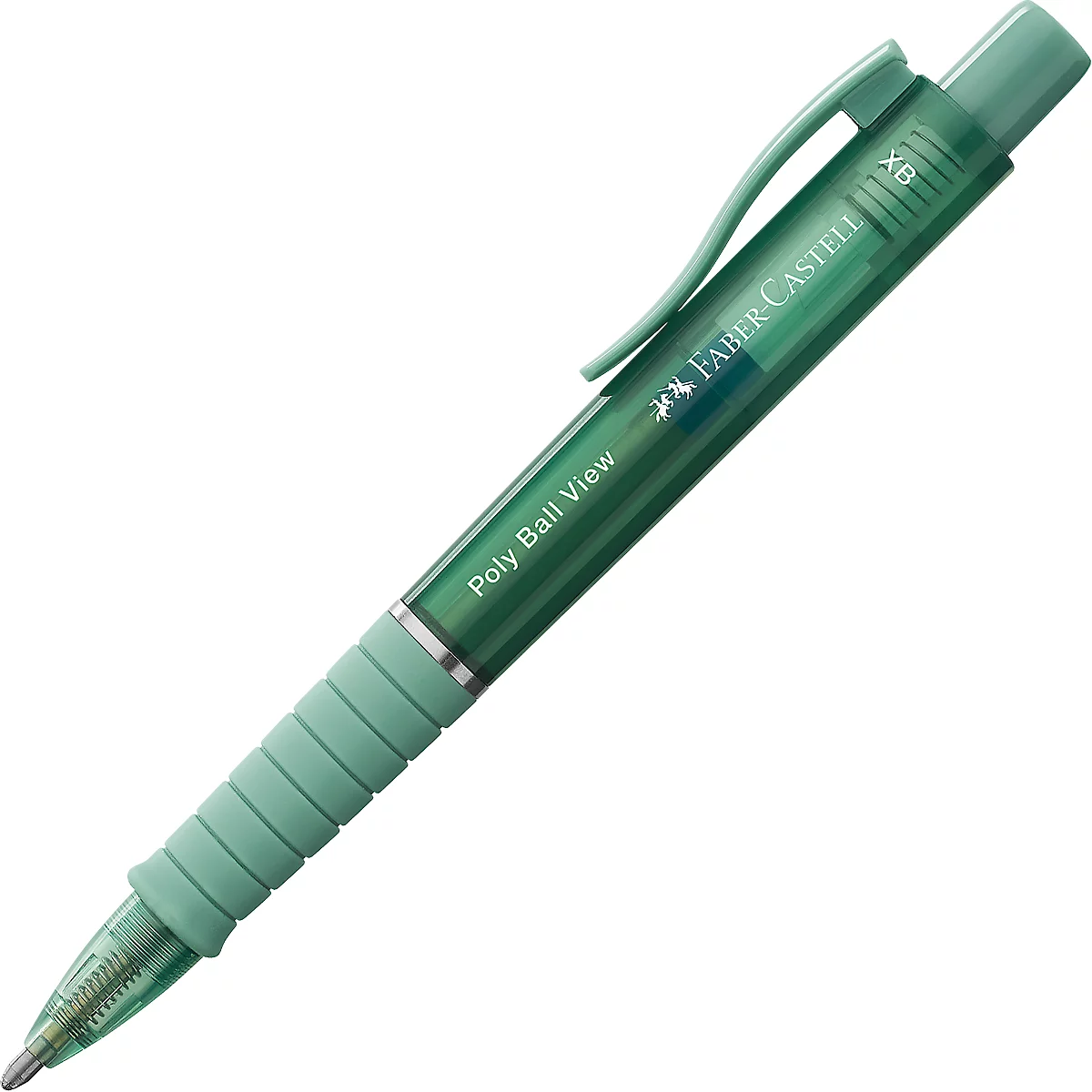 Biros Faber-Castell Poly Ball View, couleur d'écriture bleue, largeur de trait 0,6 mm, résistant aux documents, recharge remplaçable, grip caoutchouc, vert