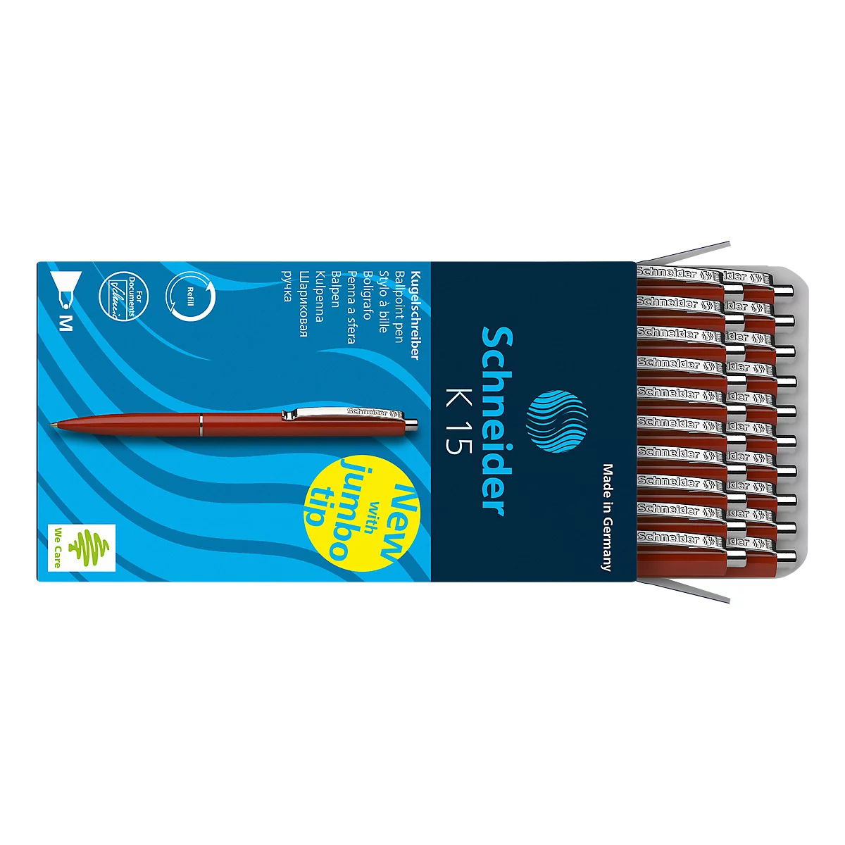 Biros Schneider K15, ancho de trazo medio 1,0 mm, color de escritura rojo, cuerpo rojo, indeleble, recargable, 20 unidades