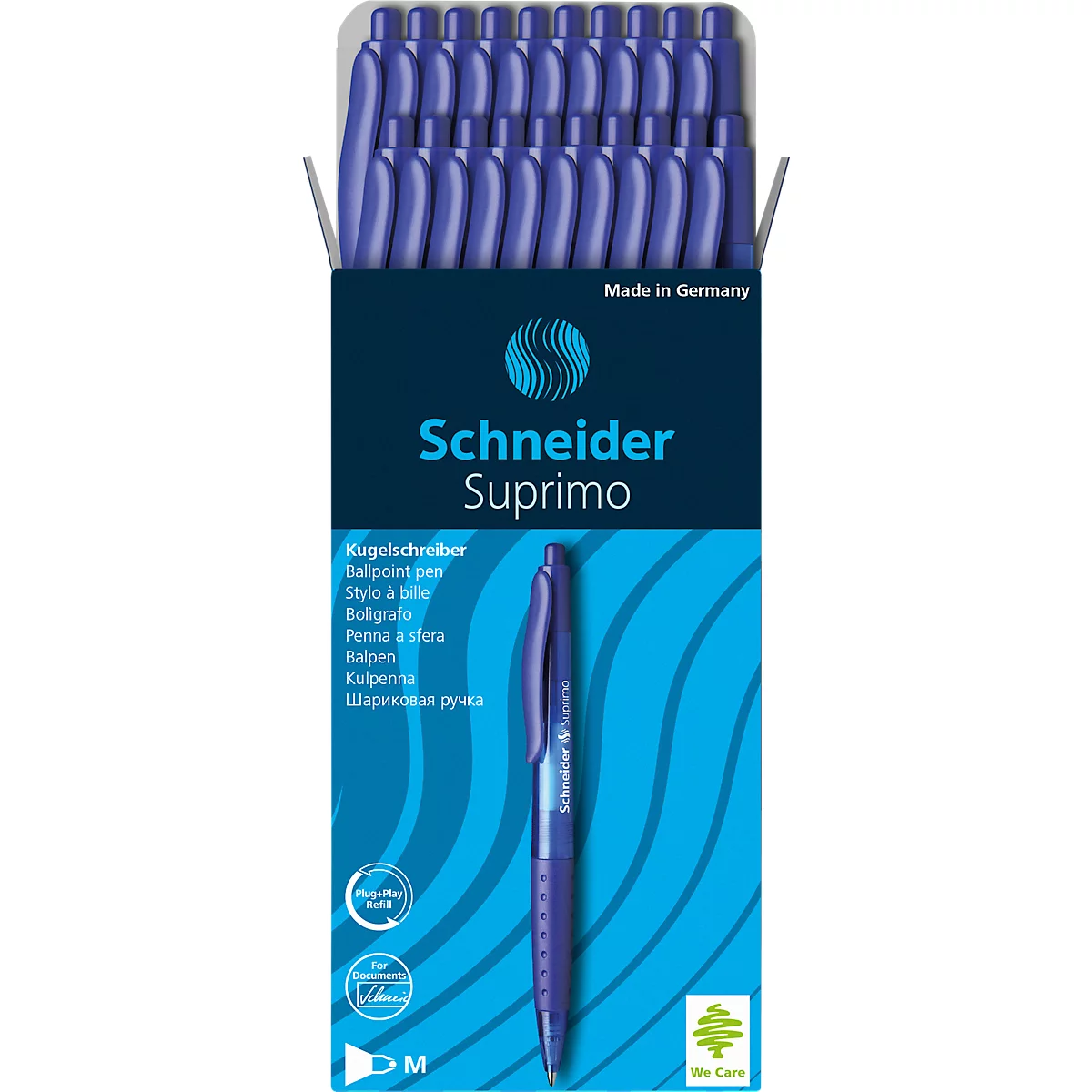 Biros Schneider Suprimo, couleur d'écriture bleue, largeur de trait M, pointe en acier inoxydable, grip caoutchouté, 20 pièces, bleu