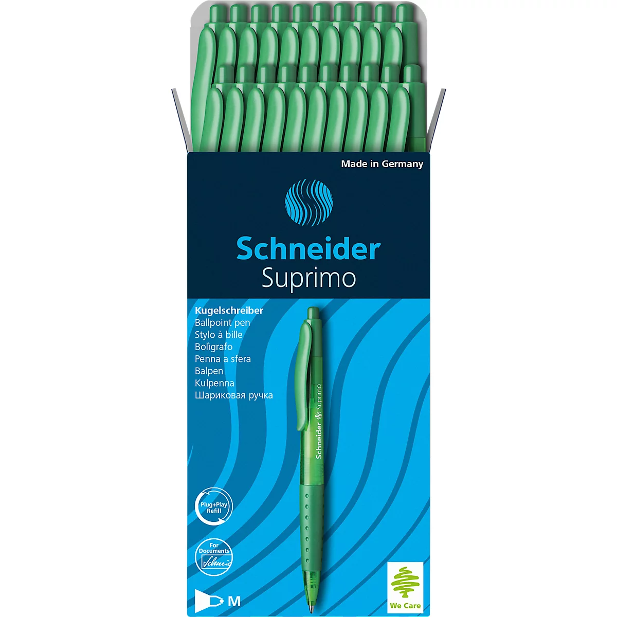 Biros Schneider Suprimo, couleur d'écriture vert, largeur de trait M, pointe en acier inoxydable, grip caoutchouté, 20 pièces, vert