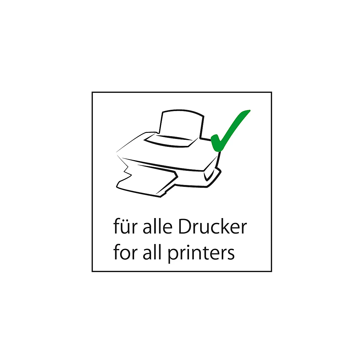Black and white printer illustration with green checkmark. Below it says "for all printers" and "for all printers".