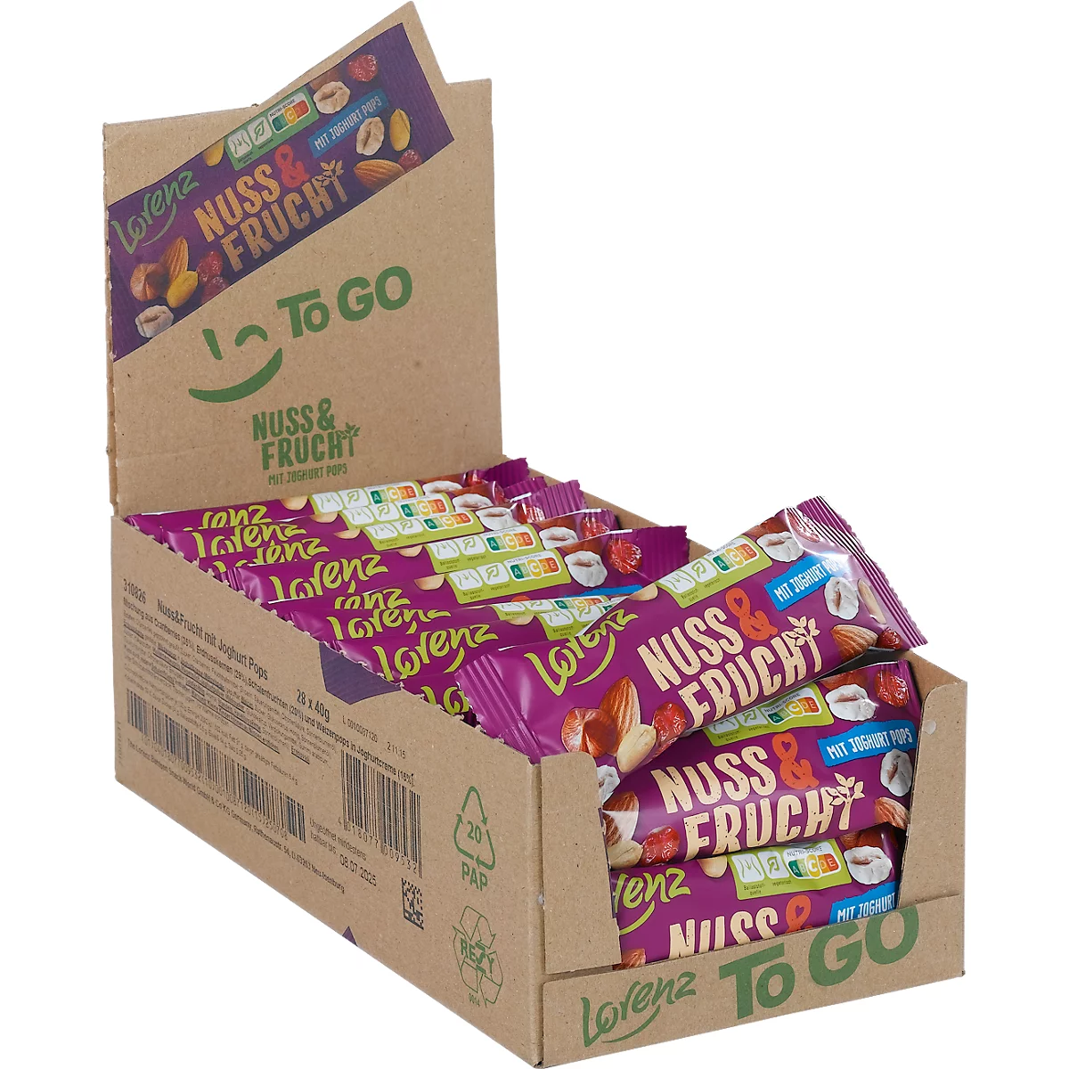 Biscuits à grignoter Lorenz Nuss &amp; Frucht Pops, mélange de noix et de fruits avec crème de yaourt, 28 sachets de 40 g, en carton distributeur