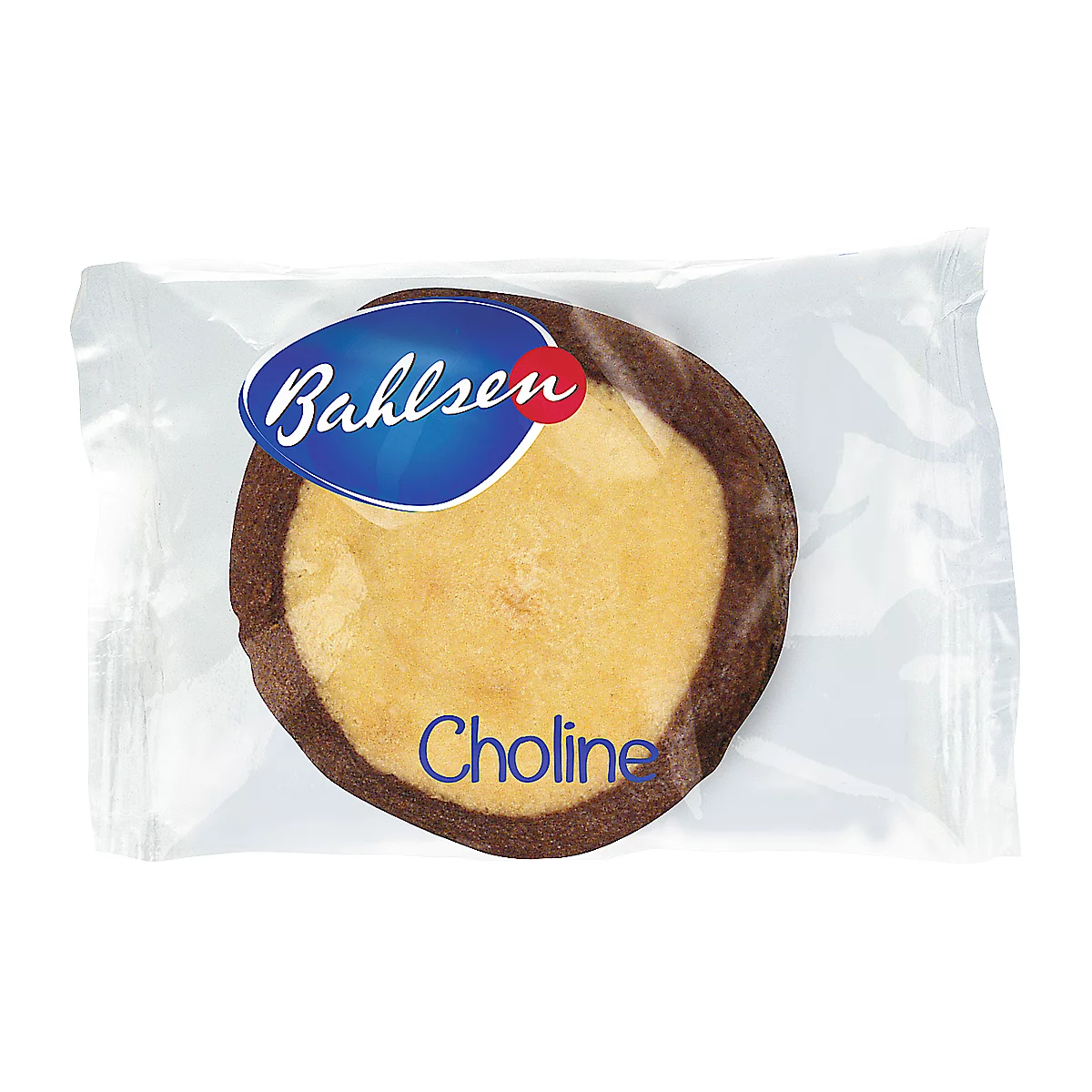 A single Choline pastry from Bahlsen, packaged. The pastry is round, with a light core and chocolate rim. The packaging reads 'Choline'.