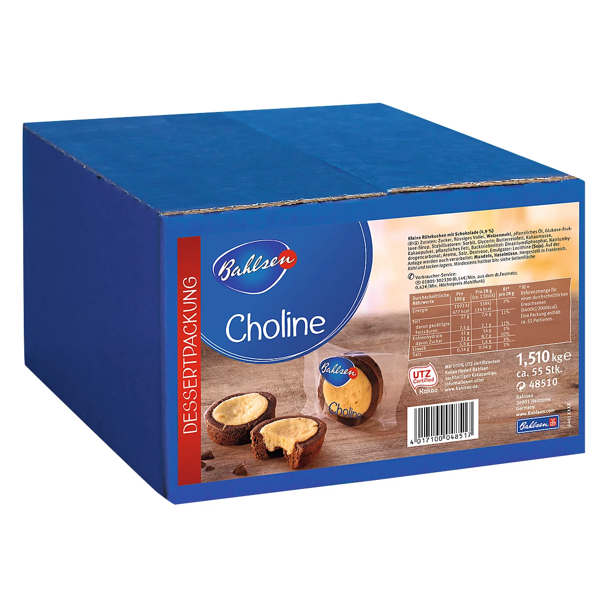 Blue box of cookies. It says Bahlsen Choline. Three pieces of cookies with filling are shown.