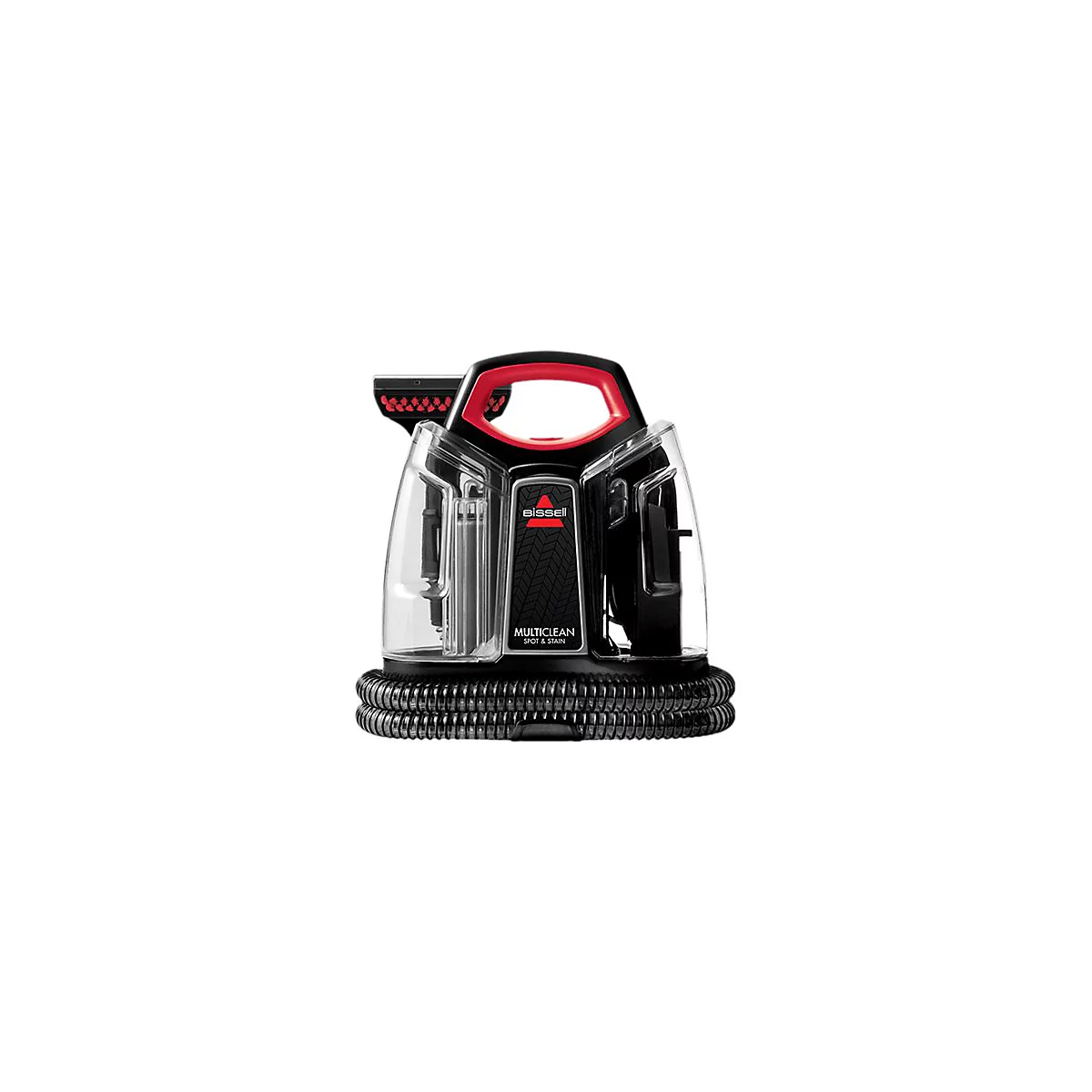 Schwarzes und rotes Bissell-Reinigungssystem mit Griff. Aufschrift: MultiClean Spot & Stain.