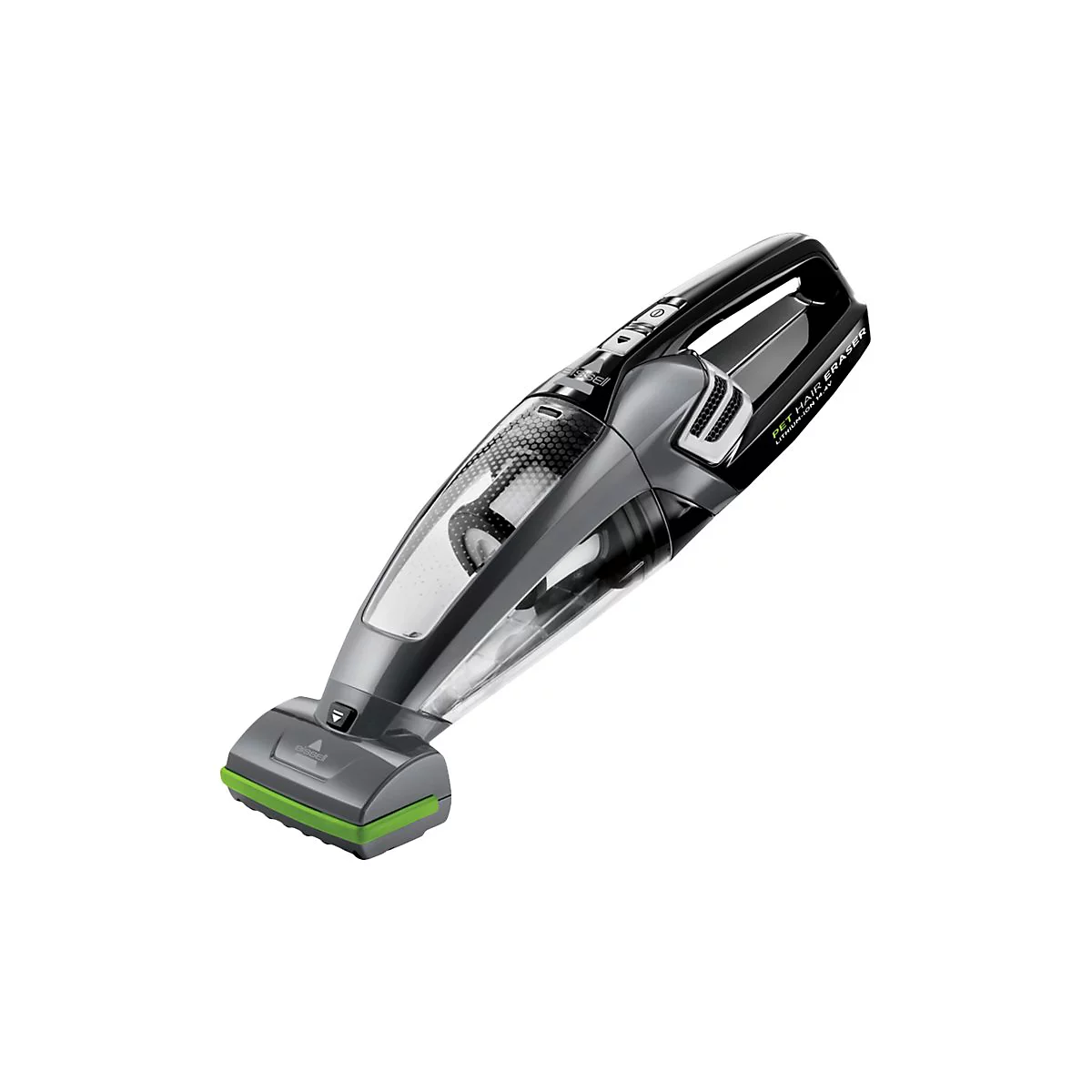 Schwarzer Bissell Pet Hair Eraser Handsauger vor weißem Hintergrund.
