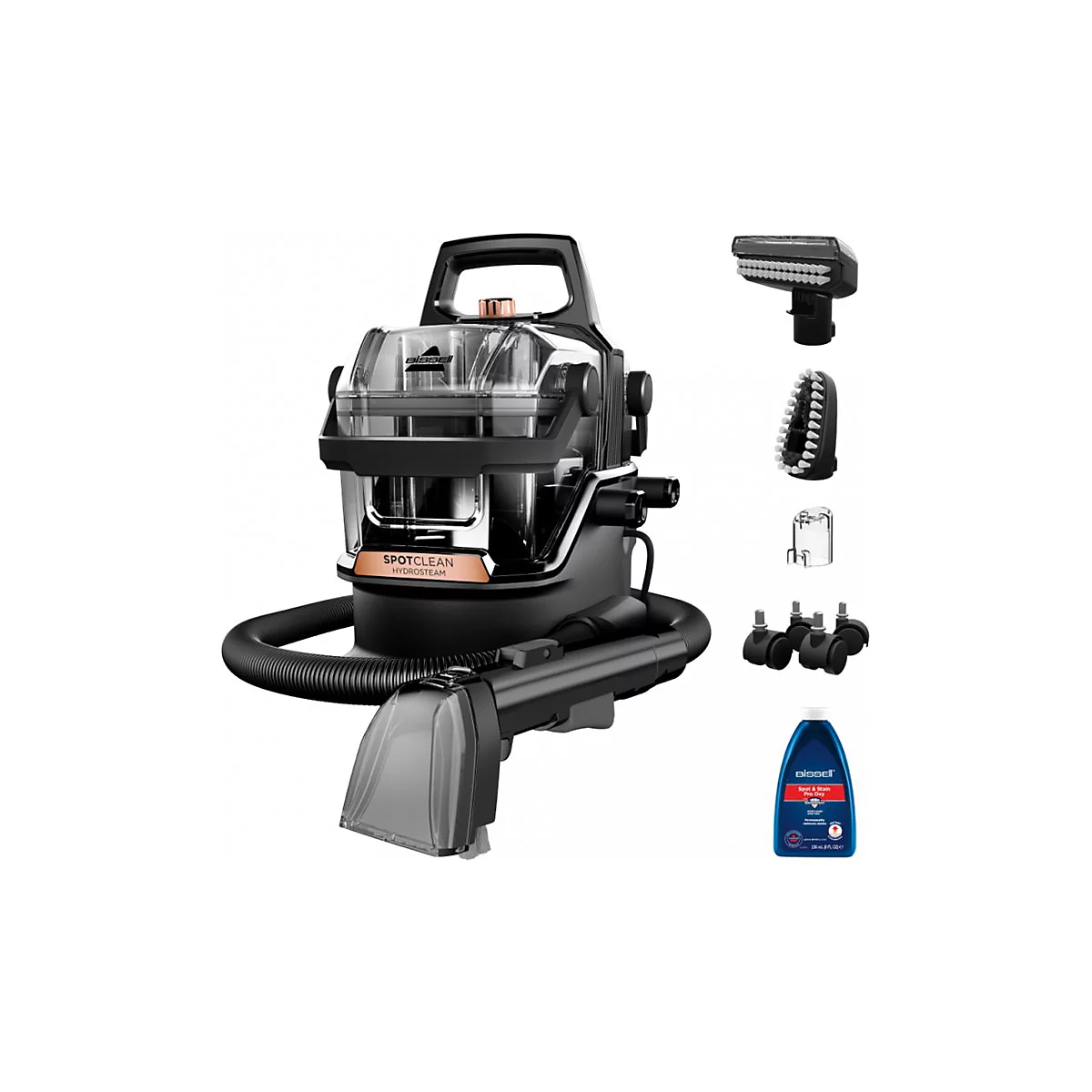 Ein schwarzer Bissell SpotClean HydroSteam Teppichreiniger mit Zubehör. Auf dem Foto sind eine Bürste, eine Düse und eine Reinigungsflüssigkeit zu sehen.