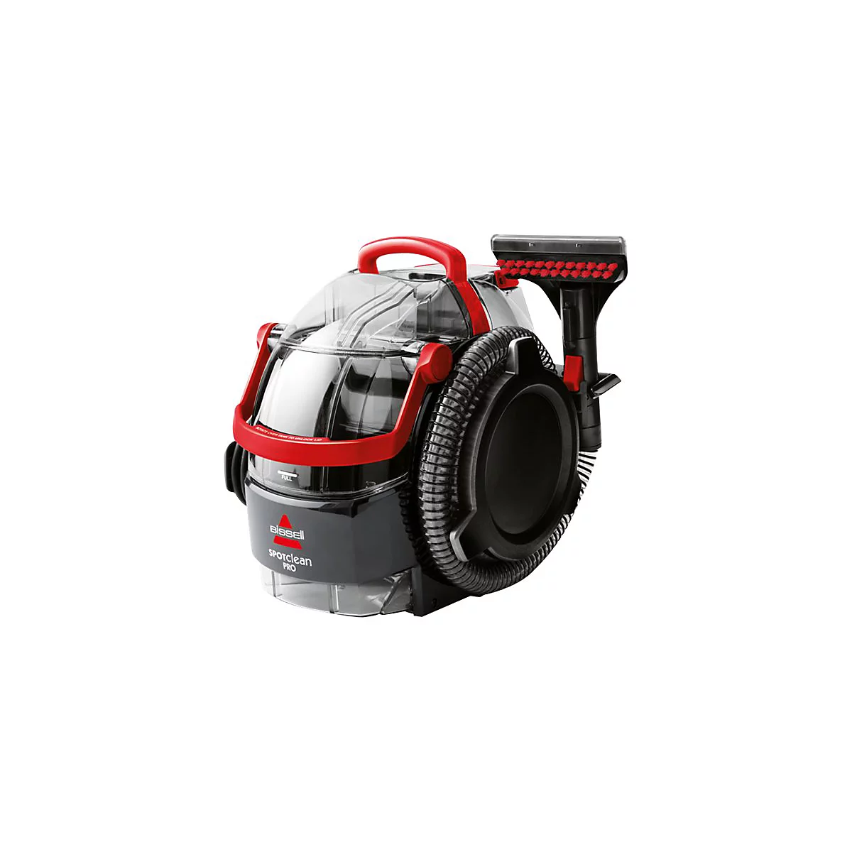 Kompakter, schwarzer Bissell SpotClean Pro Fleckenreiniger mit rotem Griff und durchsichtigem Wassertank.