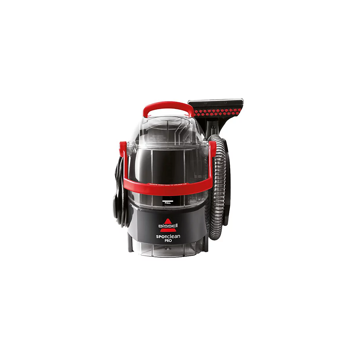 Schwarzer und roter Bissell SpotClean Pro Teppichreiniger vor weißem Hintergrund.