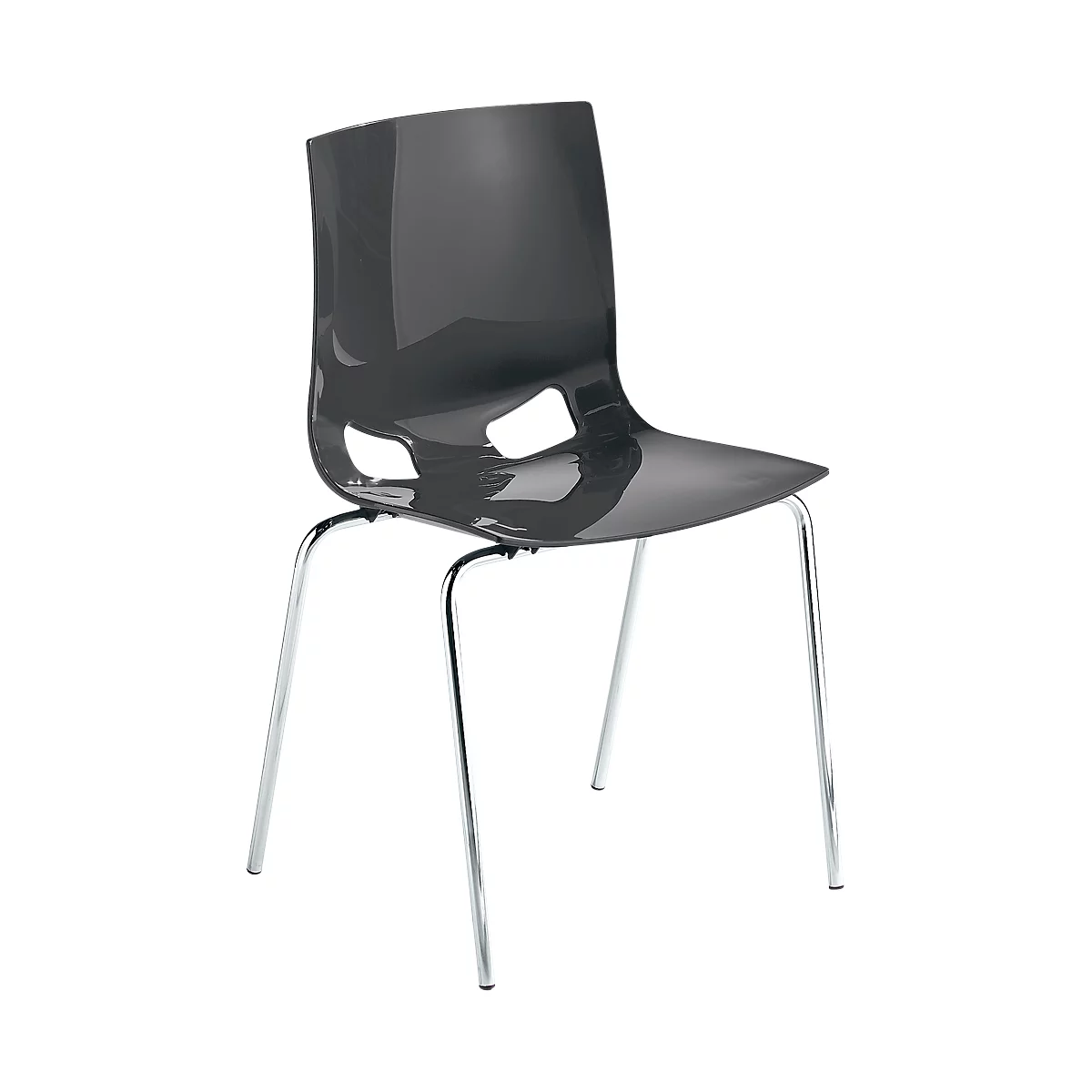 Grey, transparent chair with four silver legs. The seat has two cutouts.