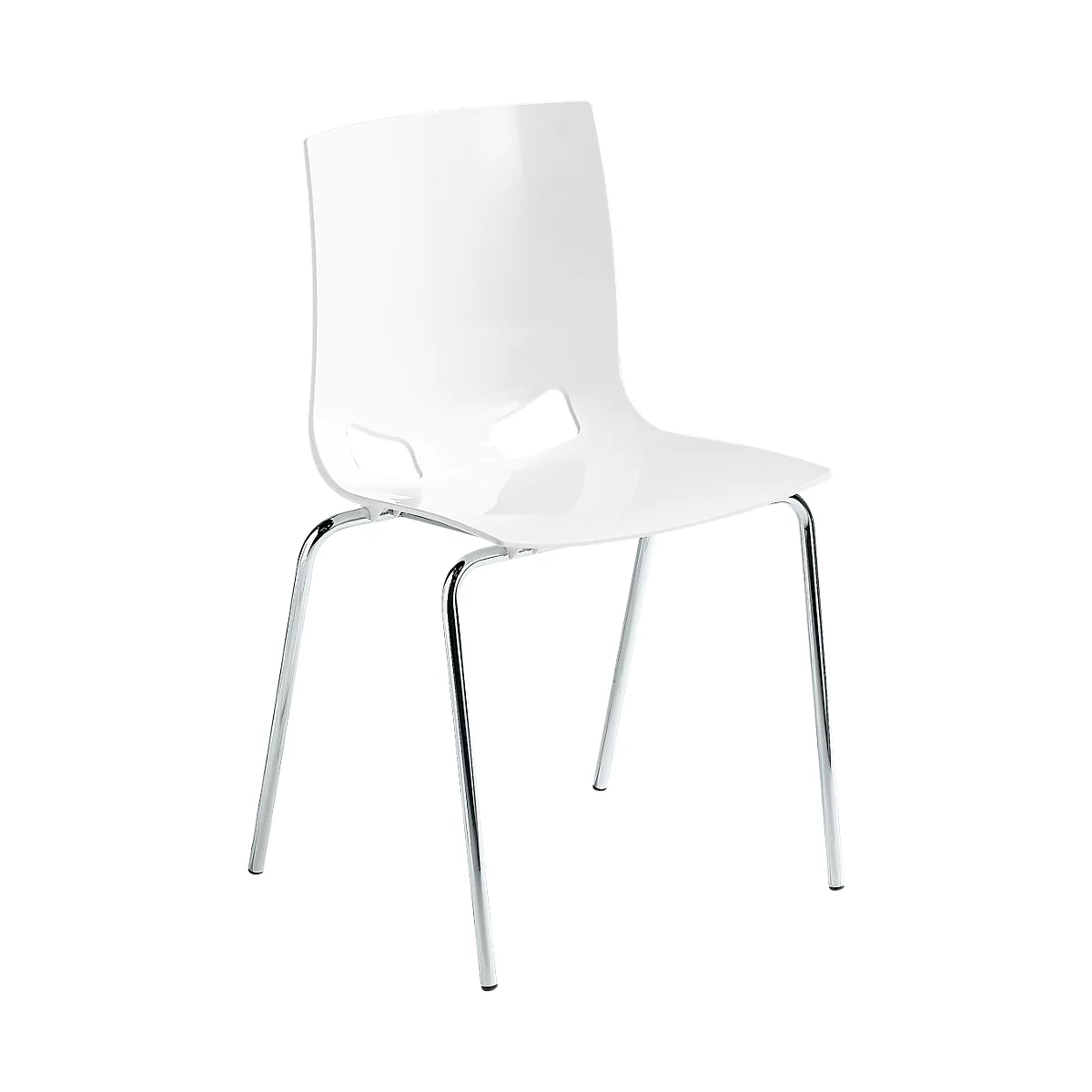 White plastic chair with chrome legs, hole in the backrest.