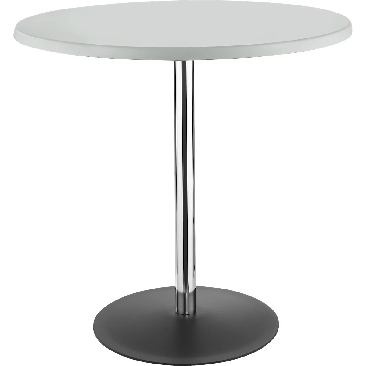 Runder Bistrotisch mit weißer Tischplatte, verchromter Mittelsäule und schwarzem, flachem Standfuß.