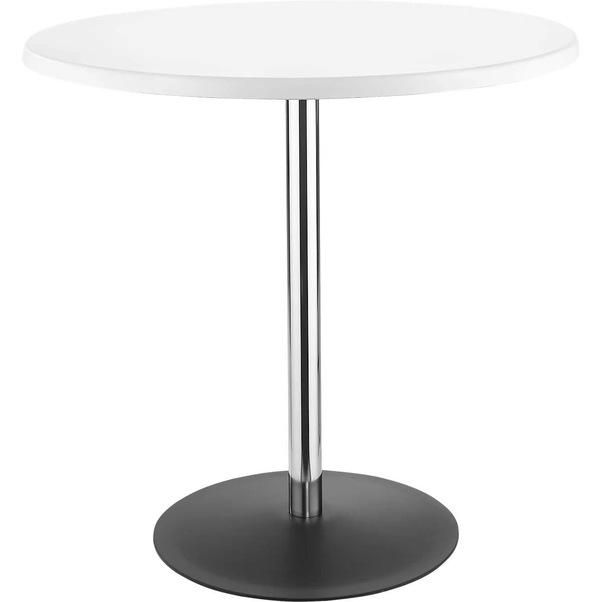 Runder weißer Tisch mit einem einzelnen verchromten Bein und einem schwarzen, runden Fuß vor weißem Hintergrund.