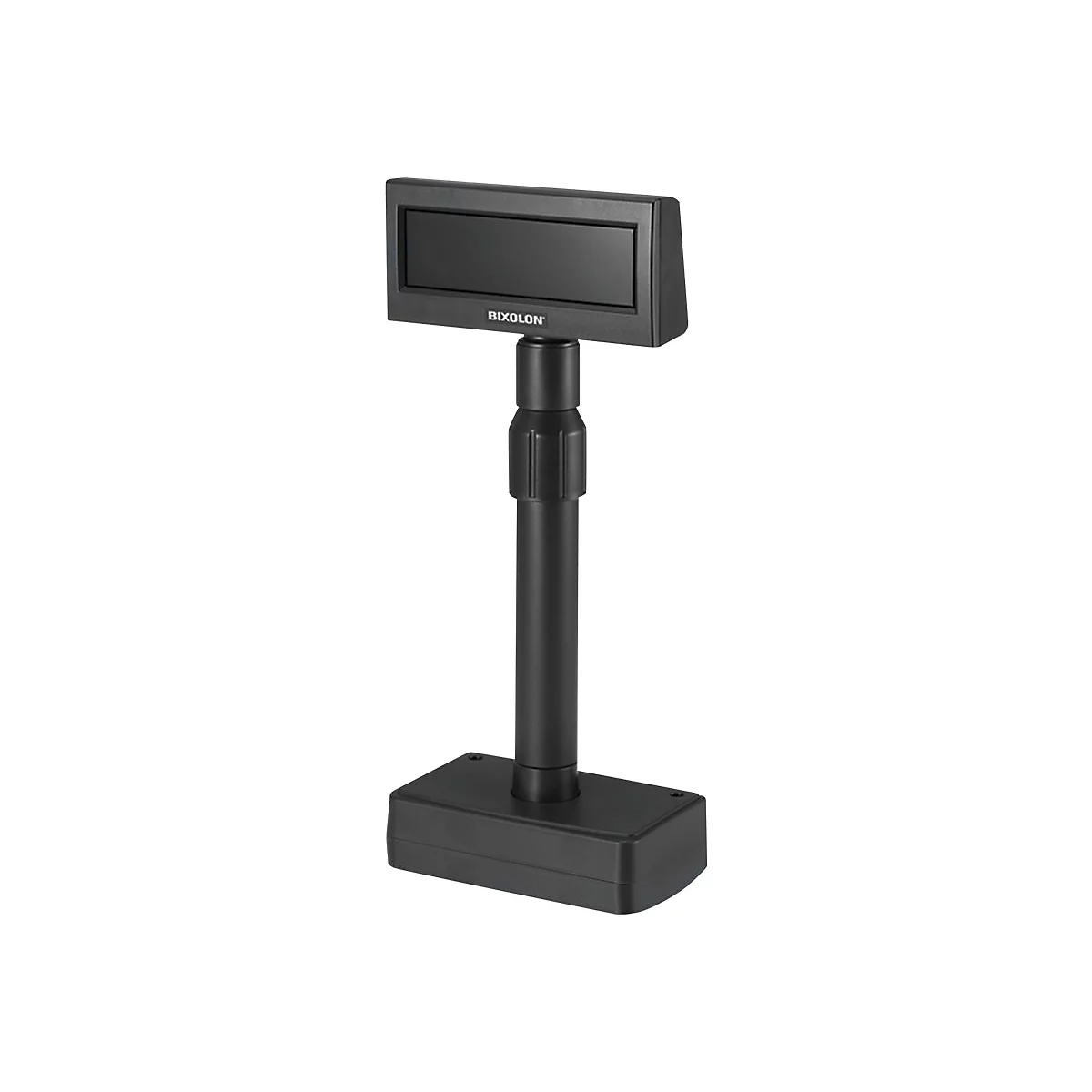 Affichage client noir avec lettrage "BIXOLON". Il repose sur un pied et une base sur fond blanc.
