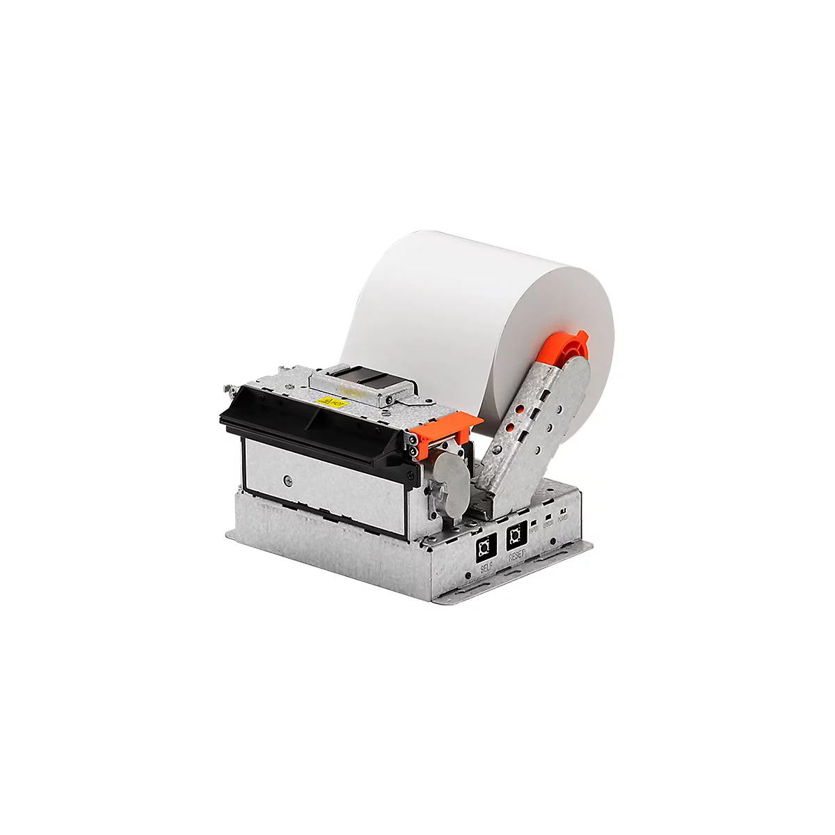 Drucker mit Papierrolle. Metallrahmen, orangefarbene Details. Auf dem Gerät befinden sich Knöpfe.