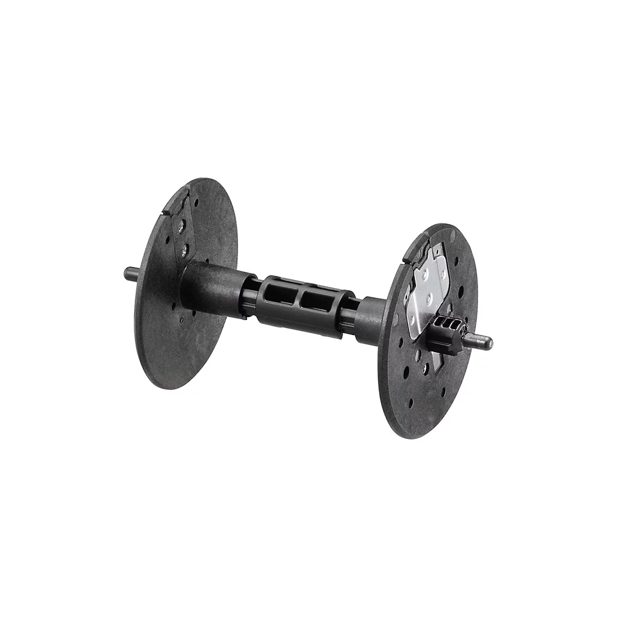 Schwarzes Kunststoffteil mit runden Scheiben an den Enden, verbunden durch ein zylindrisches Mittelstück.