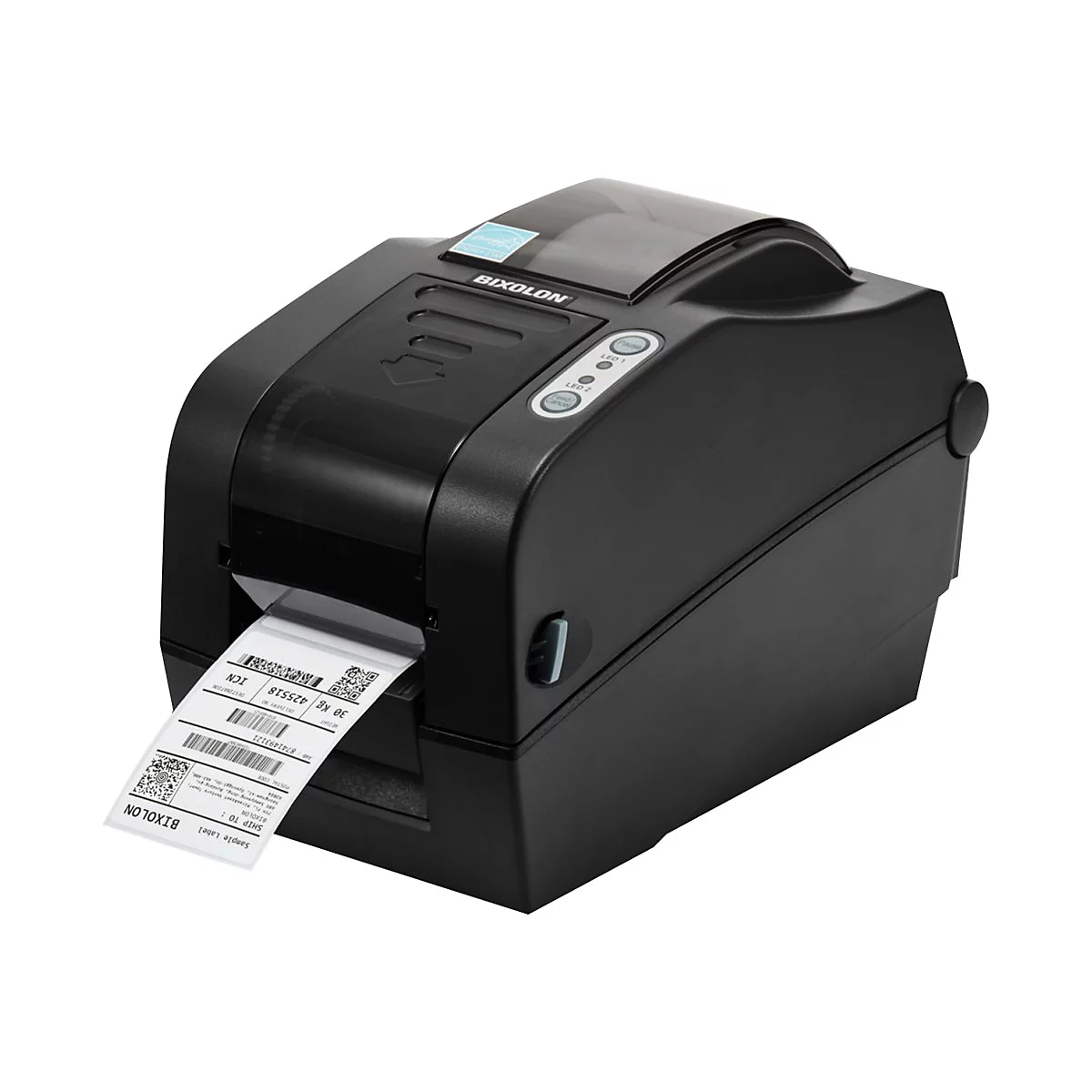 Schwarzer Etikettendrucker mit einem ausgedruckten Etikett, auf dem Informationen wie Barcodes und Text zu sehen sind. Marke: BIXOLON.