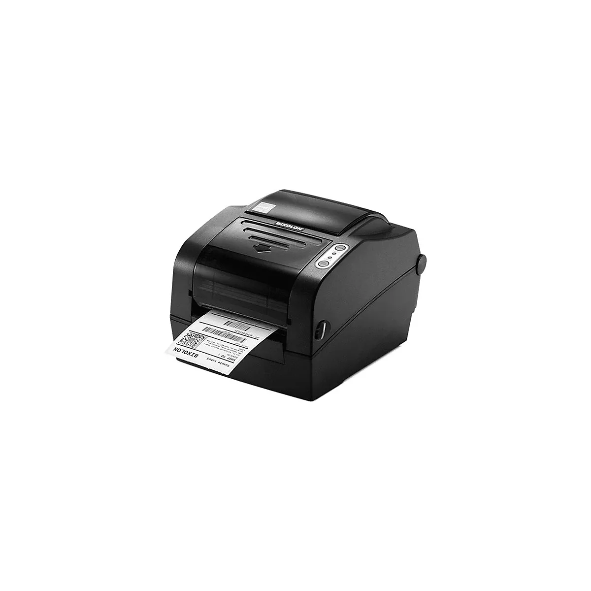 Imprimante d'étiquettes noire avec une étiquette imprimée qui dépasse. L'étiquette contient du texte et un code-barres.