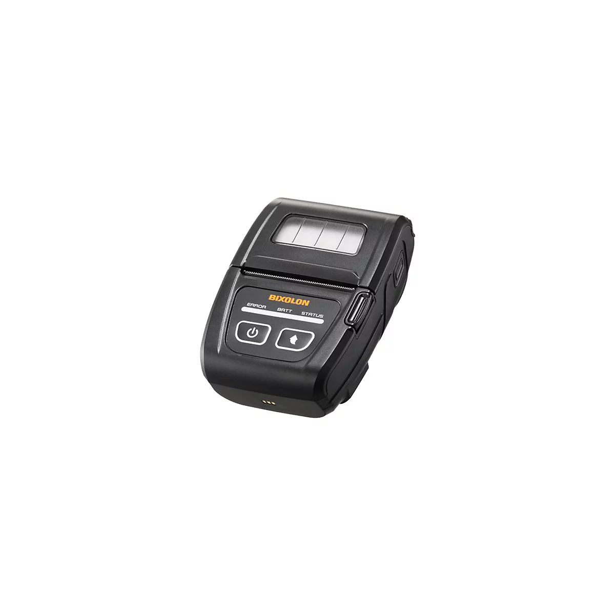 Schwarzer mobiler Drucker. Oben sind drei rechteckige Fenster zu sehen. Auf dem Bedienfeld befinden sich das Bixolon Logo und Knöpfe.