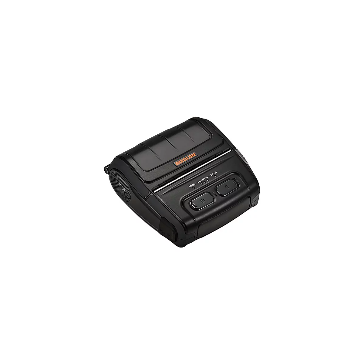 Schwarzer mobiler Drucker mit Logo "BIXOLON" und Knöpfen. Leere Papierausgabe. Auf weißem Hintergrund.