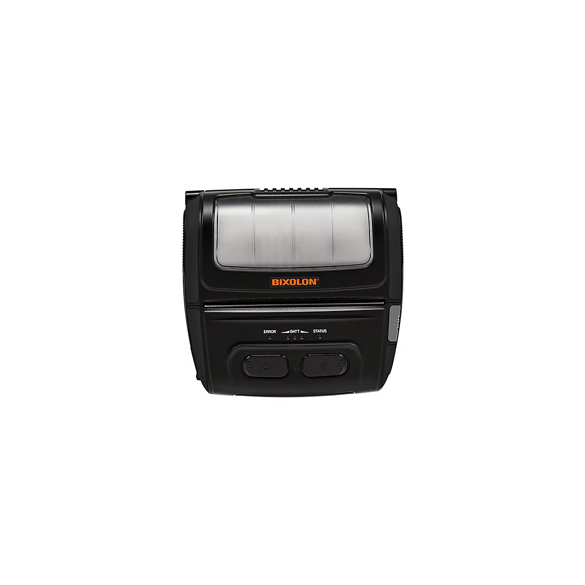 Schwarzer, kompakter Bixolon-Mobildrucker von oben mit Tasten und LED-Anzeigen für Fehler, Batterie und Status.