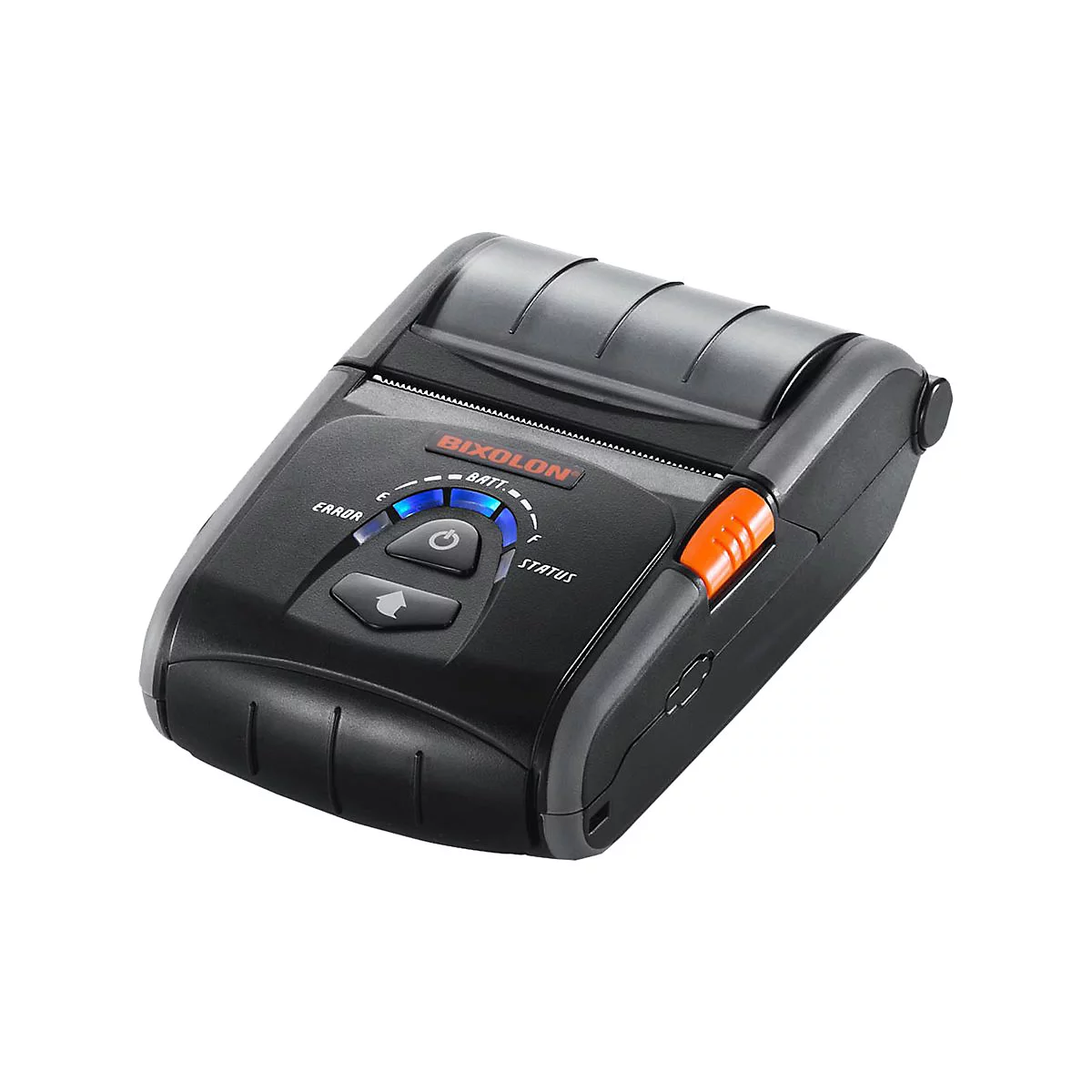 Schwarzer mobiler Drucker mit orangefarbenem Knopf und blau leuchtenden LED-Anzeigen. Das Gerät trägt den Schriftzug 'BIXOLON'.