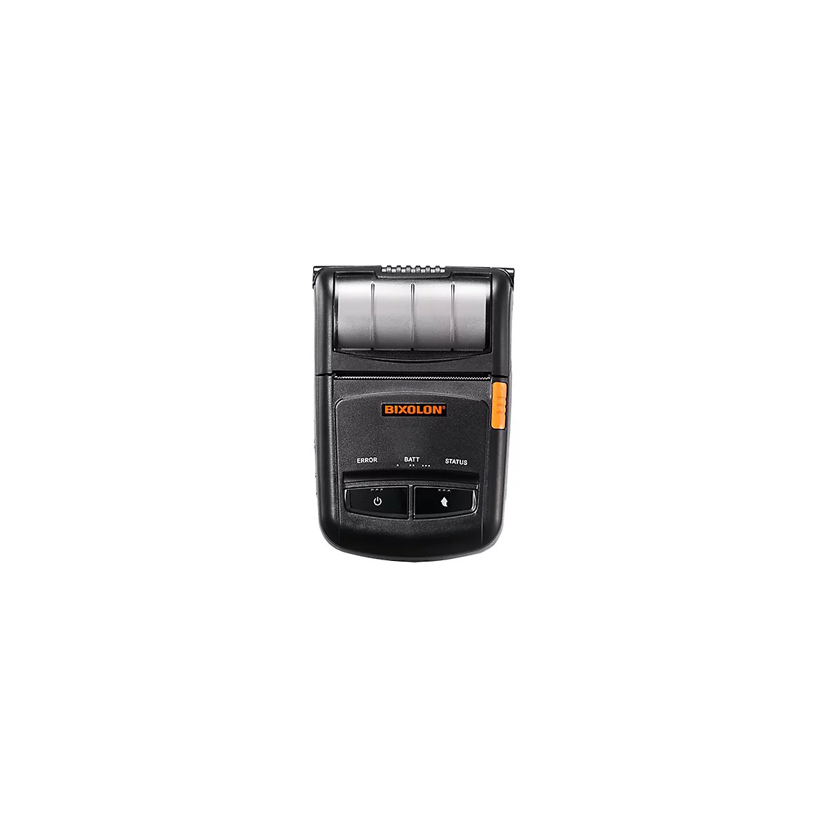Schwarzer mobiler Drucker mit Orangefarbenen Akzenten, Bixolon Logo. Unten Knöpfe und Statusanzeigen.