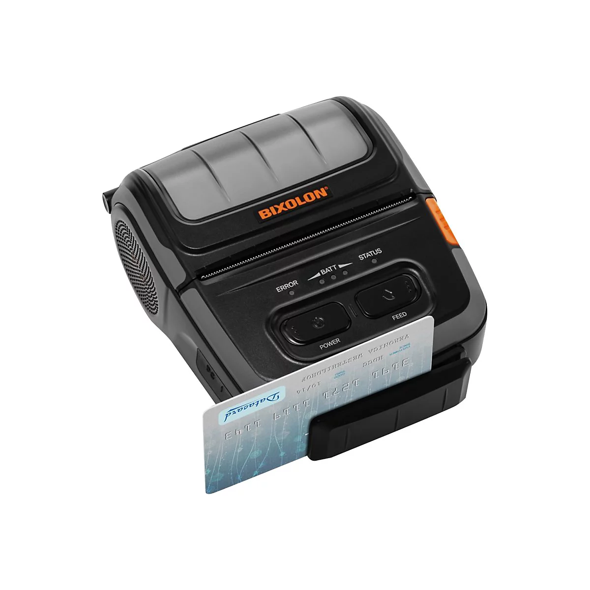 Schwarzer mobiler Drucker mit einer Karte im Schlitz. Beschriftung: BIXOLON, Tasten: Power, Feed, Status-LED.